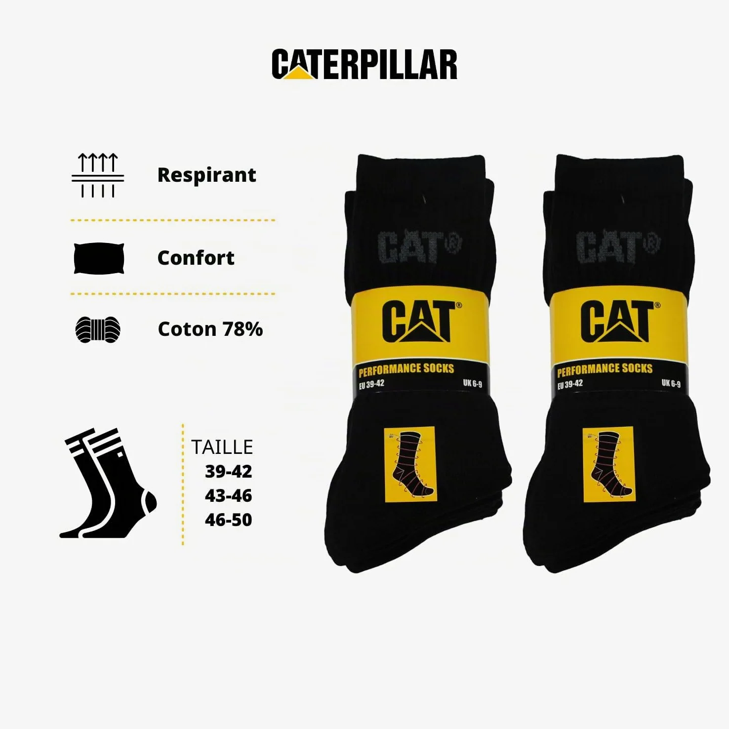 Caterpillar Performance Socks 10 Paires Chaussettes pour Homme, Semelle Intérieure et Cou de Pied en Eponge, Pointe et Talon Renforcés, Coton