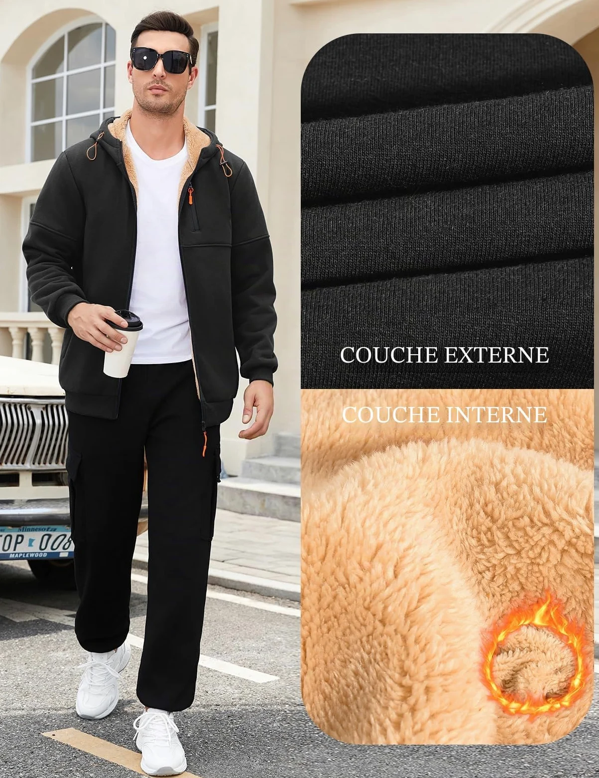 Pull Homme Hiver Veste Polaire Homme Blouson Zippé avec Capuche Manches Longues Cordon De Serrage Casual Sweats à Capuche