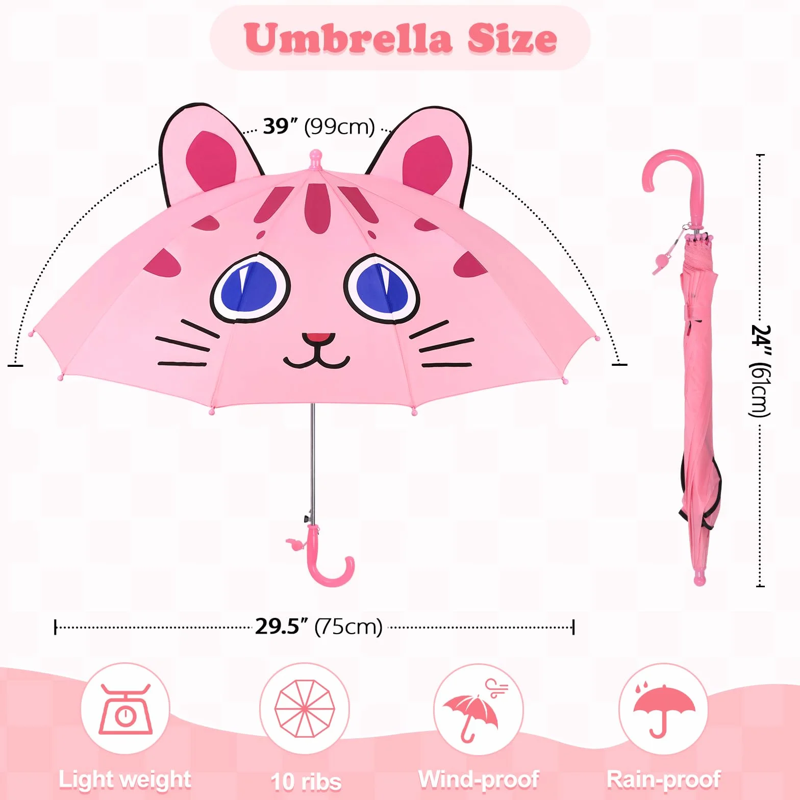 decalsweet Parapluie Enfant avec 3D, Coupe-vent et Durable Parapluie pour Filles Garçons avec Sifflet, Facile à Transporter Parapluie Pliant Enfant, Léger Parapluie Canne un Motif Mignon