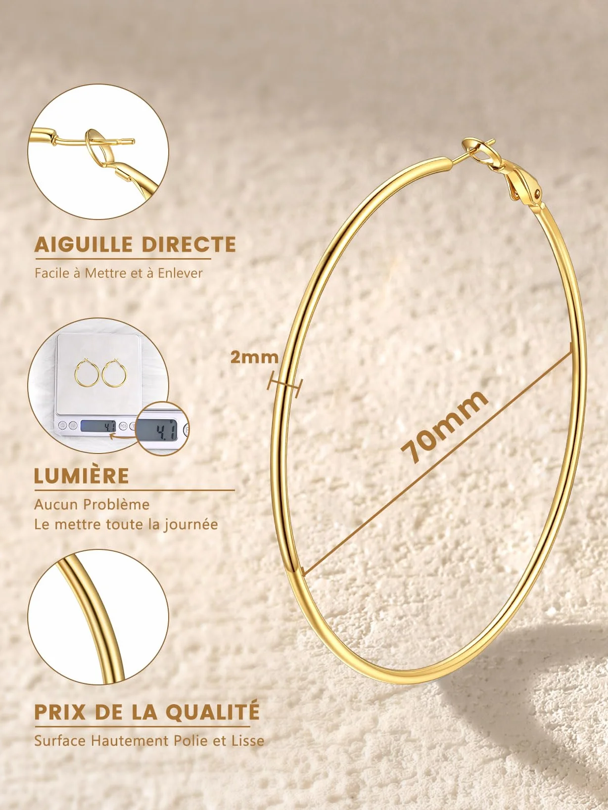 GoldChic Créole Femme Acier Inoxydable/Plaqué Or, Boucle d'Oreille Grand Anneau, Diamètre de 30/50/70/100 mm, Women's Hoop Earrings
