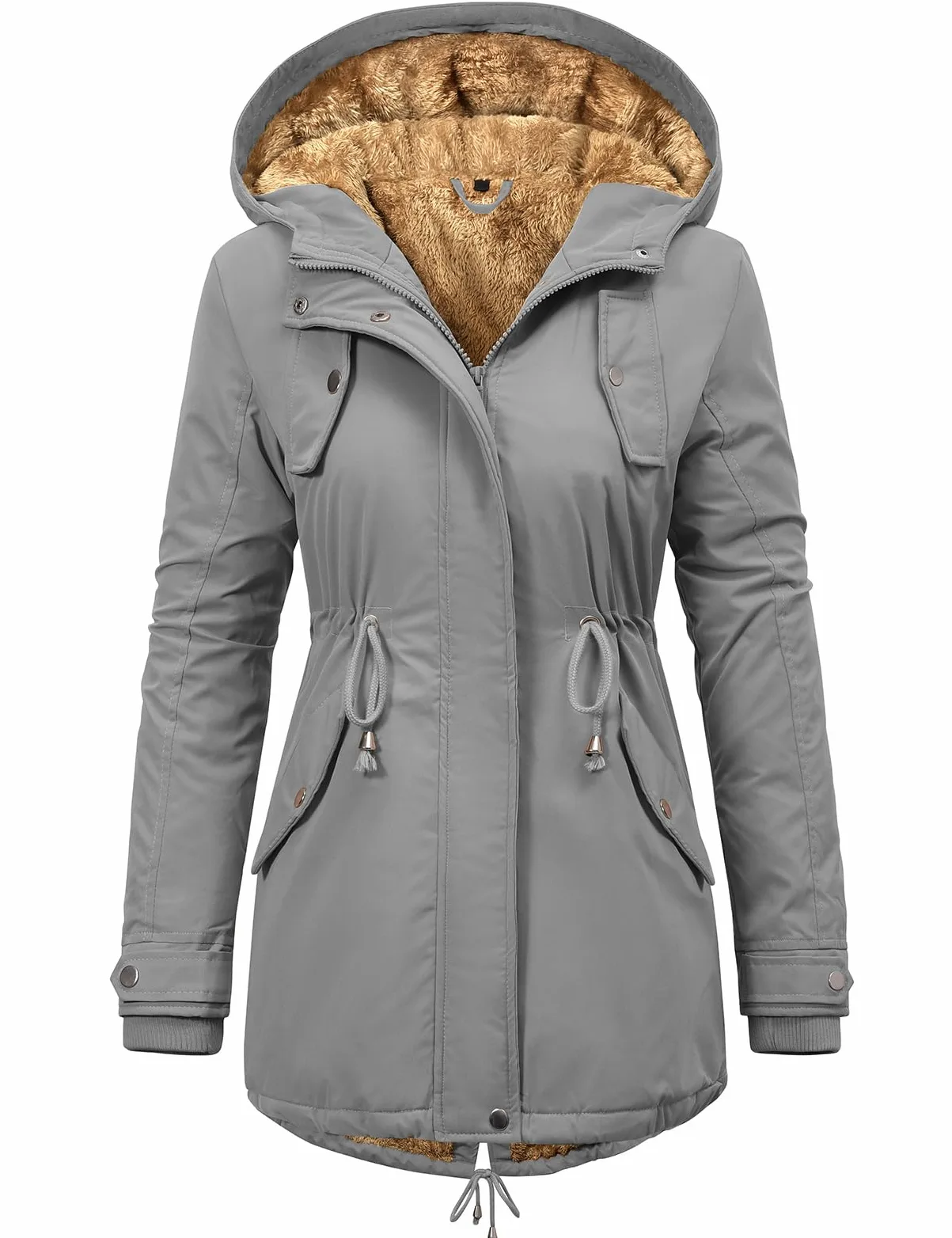 CMTOP Manteau Femme Hiver Veste Doublure en Polaire Chaude Parka Imperméable à Capuche Blouson Peluche Épaisse Thermique Manteaux Couleur Unie Zippé Décontracté Outercoat avec Cordon
