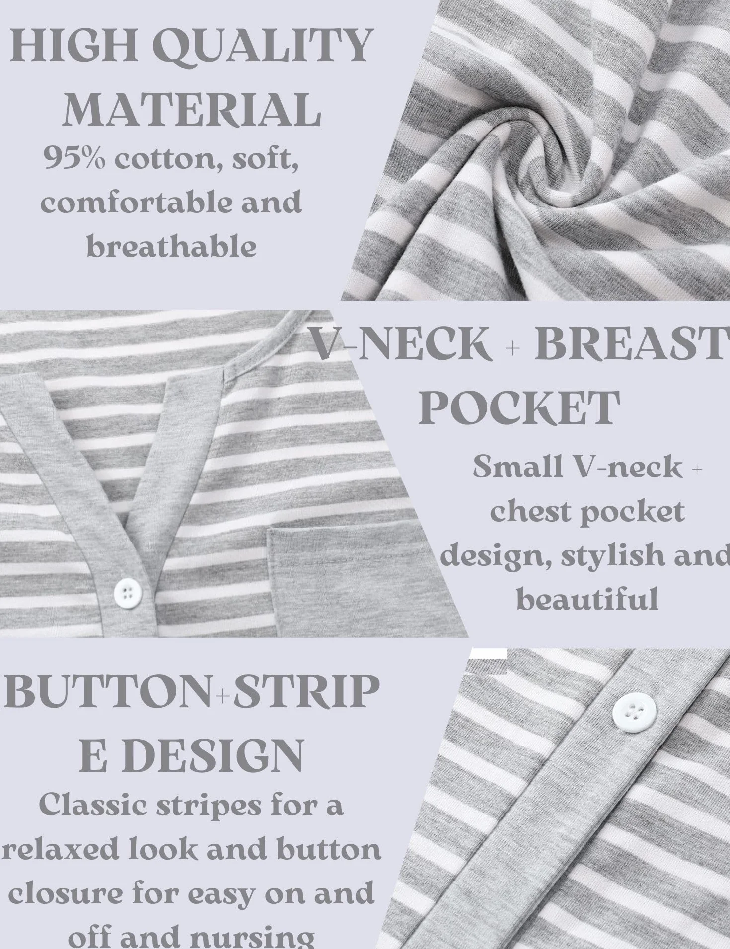 Marvmys Chemise de Nuit Allaitement Maternité 3/4 Manche Rayé Boutonnée Robe de Nuit pour Grossesse Femme