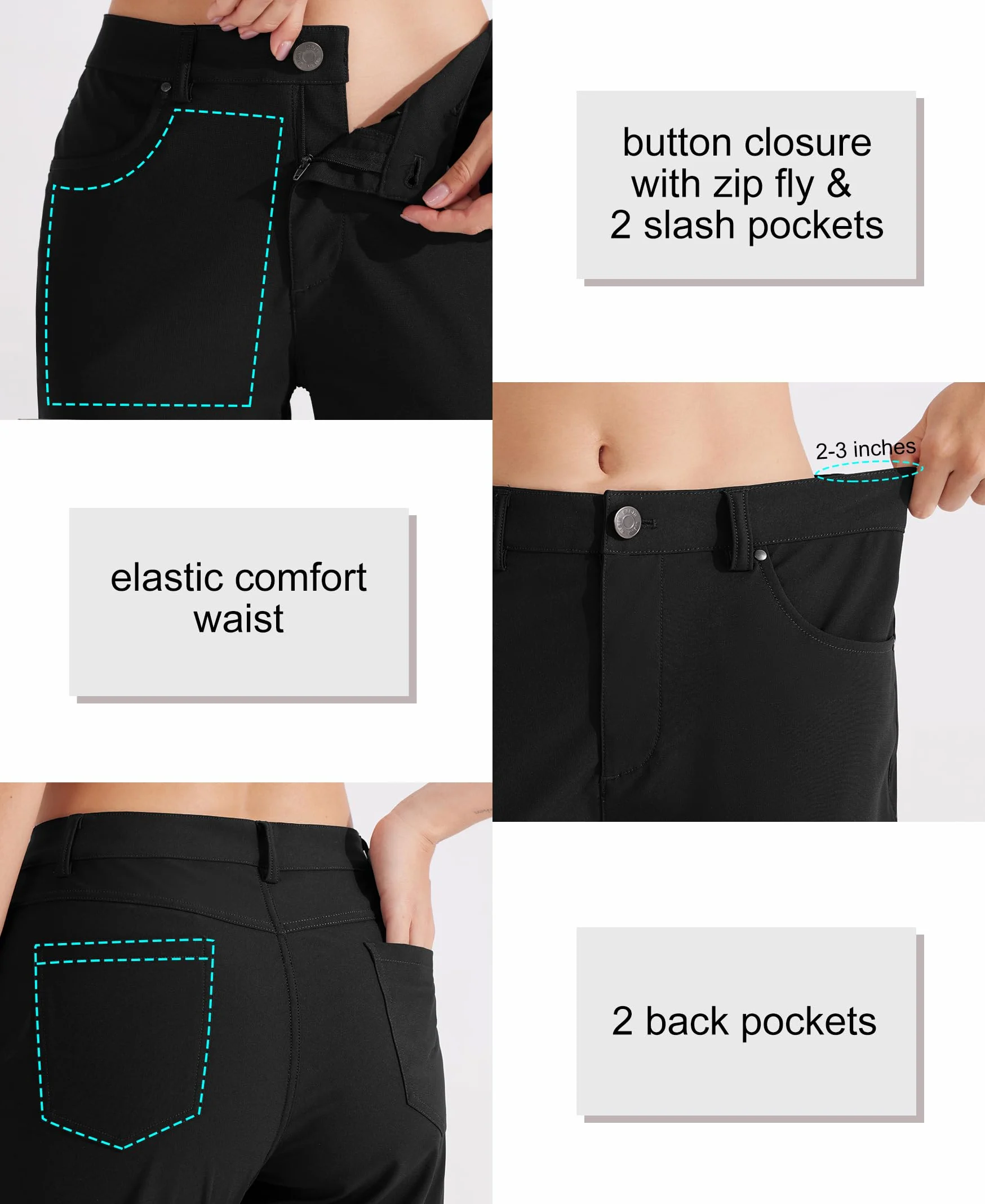 Libin Pantalon habillé pour femme 73,7 cm, 78,7 cm, extensible, jambe droite, pantalon de travail, pantalon de golf décontracté pour le bureau, le travail, le voyage, léger, noir, 34