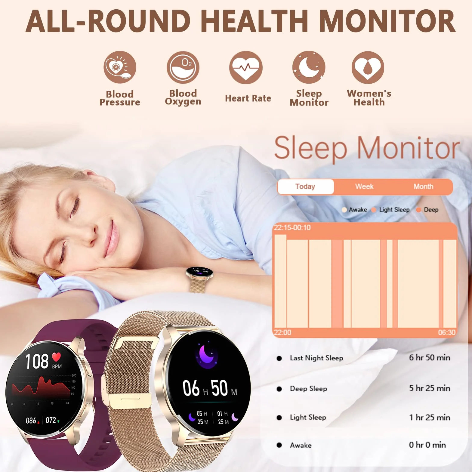 Montre Connectée Femme Appel Bluetooth et Assistant AI Notification Intelligente Smartwatch Fréquence Cardiaque Sommeil Étanche Tracker d'activité Podomètre 3 Bracelets Montre Sport pour Android iOS