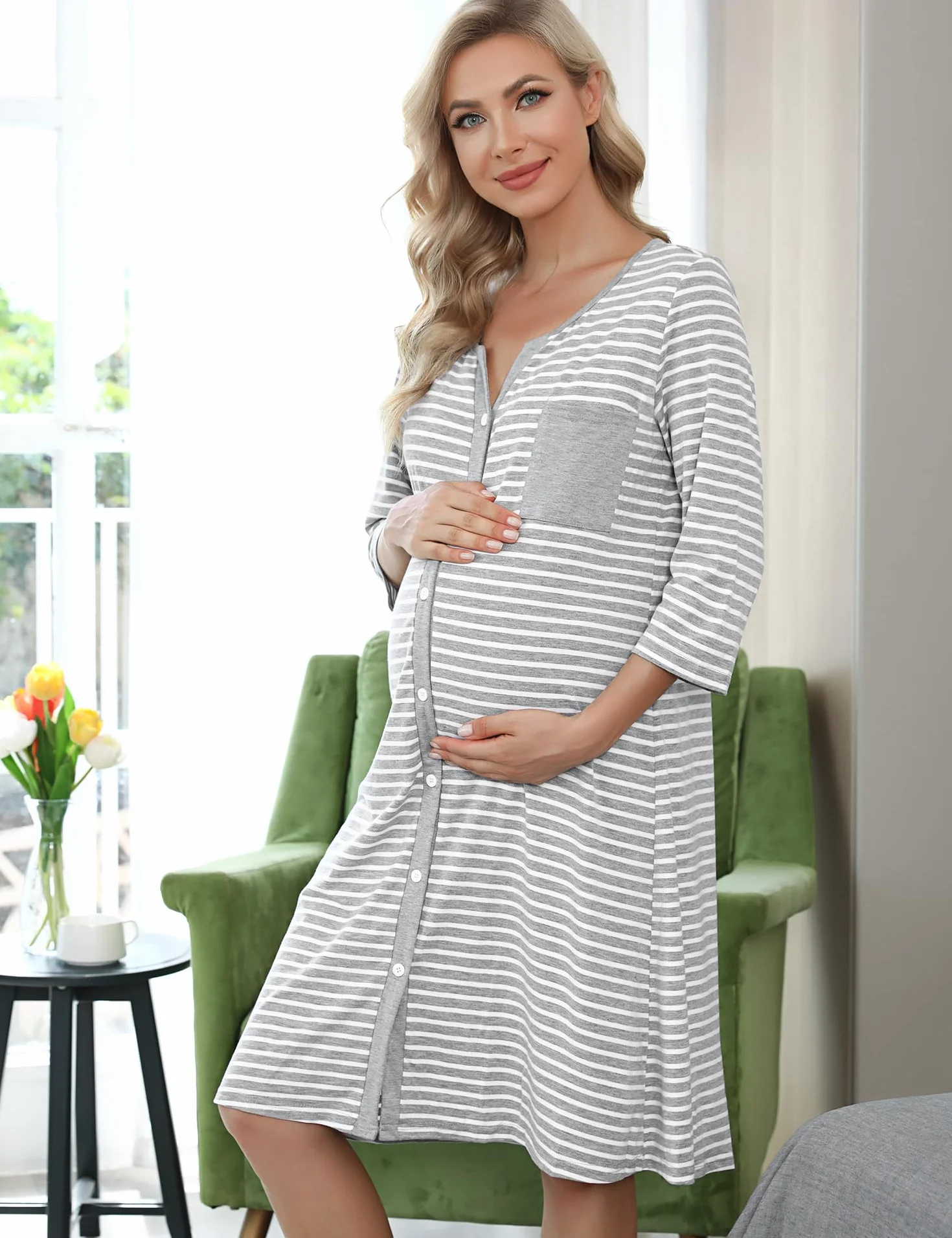 Marvmys Chemise de Nuit Allaitement Maternité 3/4 Manche Rayé Boutonnée Robe de Nuit pour Grossesse Femme