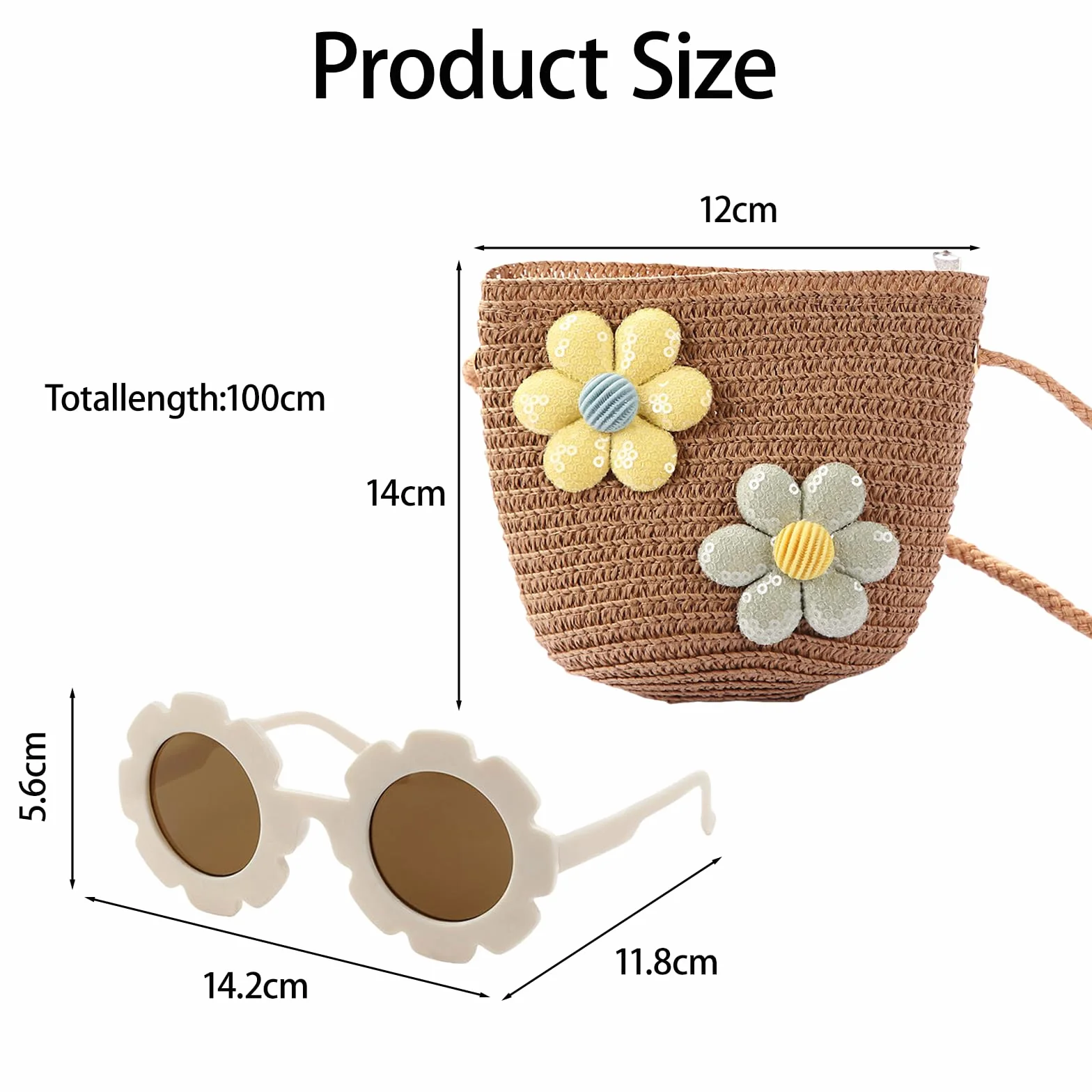 Ensemble sac à bandoulière pour filles – Joli sac à main avec lunettes de soleil à fleurs, sac à main tressé réglable pour enfant