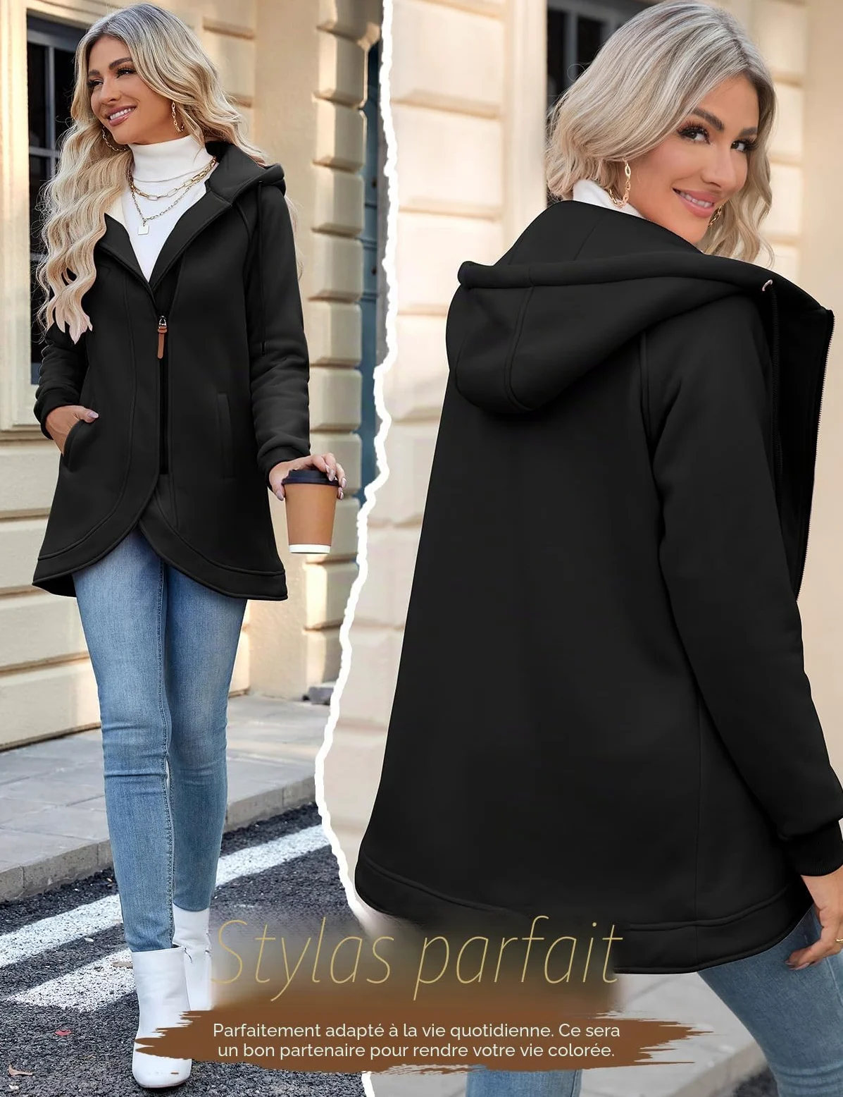 Voqeen Veste Polaire Femme Manches Longues Sweat à Capuche Sweat Zippé Hoodie Manteaux Femme Hoodie Hiver Veste d'hiver Doublé Polaire Chaud