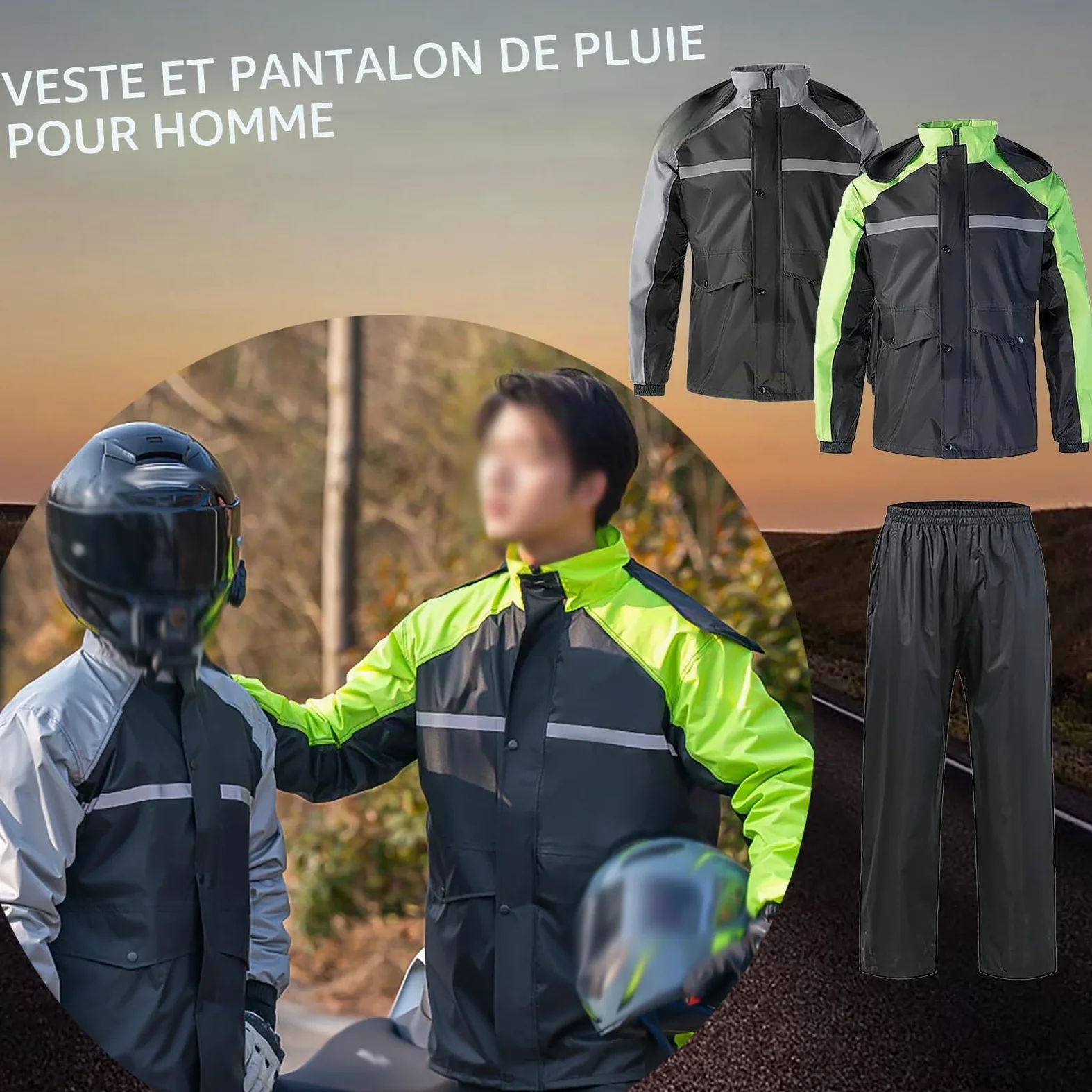 Combinaison de pluie pour homme et femme - Veste et pantalon de pluie réfléchissants - Imperméable - Haute visibilité - Coupe-vent - Manteau de pluie à capuche pour le travail, la moto, le