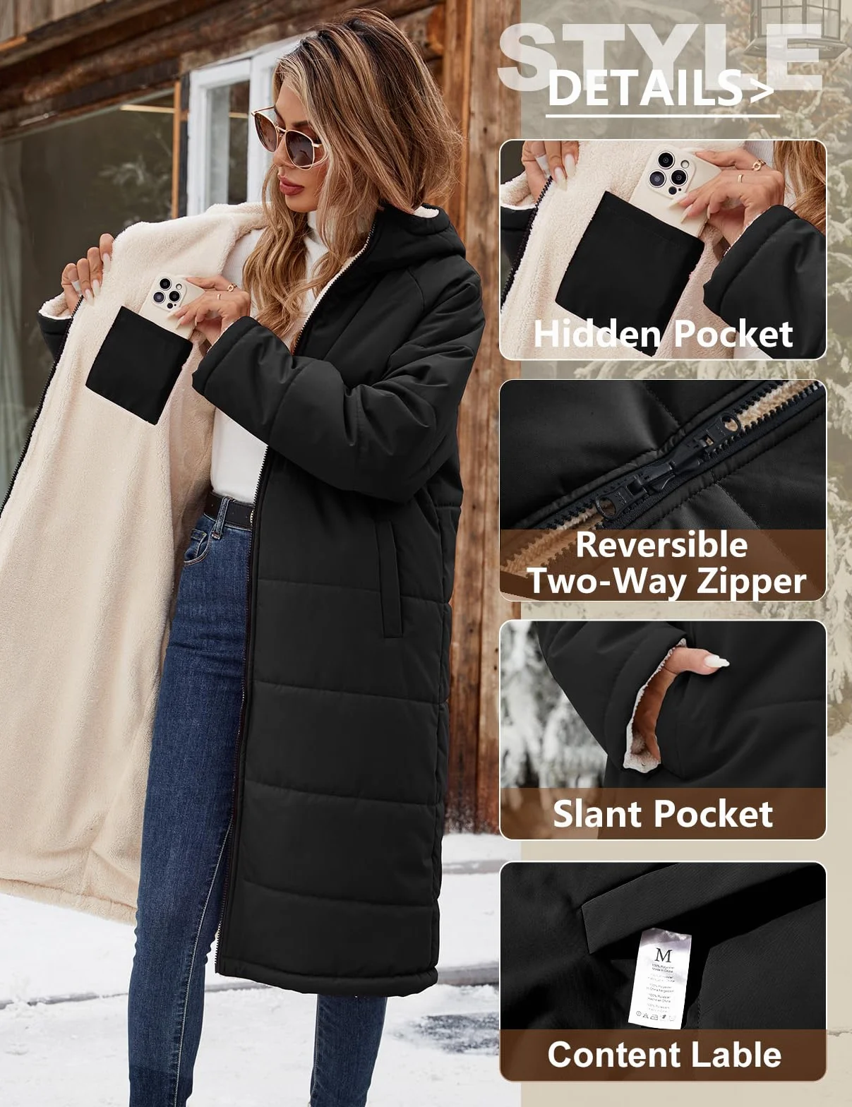 Vancavoo Manteau Hiver Femme Long Polaire Parka Veste Matelassée Chaude | Réversible Parka avec Déperlante, Capuche Fixe, Zip Intégral et Poches Latérales