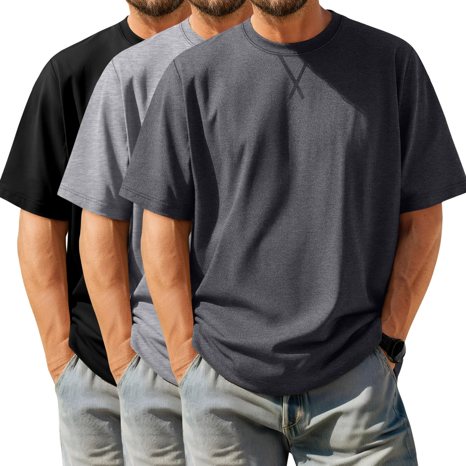 Neer Lot de 3 t-shirts grands et grands en coton à manches courtes et col rond pour homme, grande taille, hauts hipster, longline