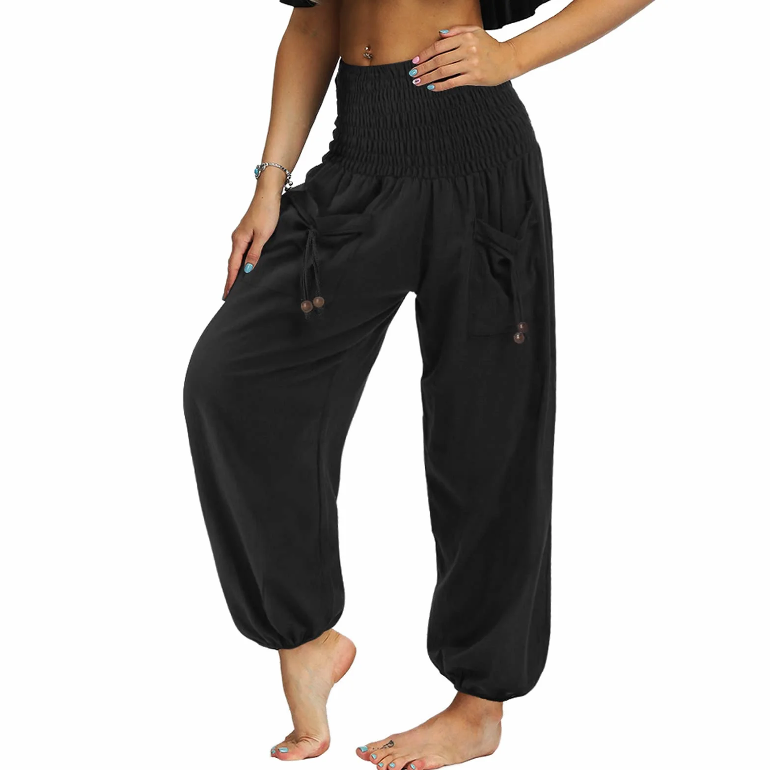 Nuofengkudu Femme Hippie Pantalon Sarouel Poche Taille Haute Harem Yoga Pants Boheme Soft Leger Pantalons Pyjama Ete Plage
