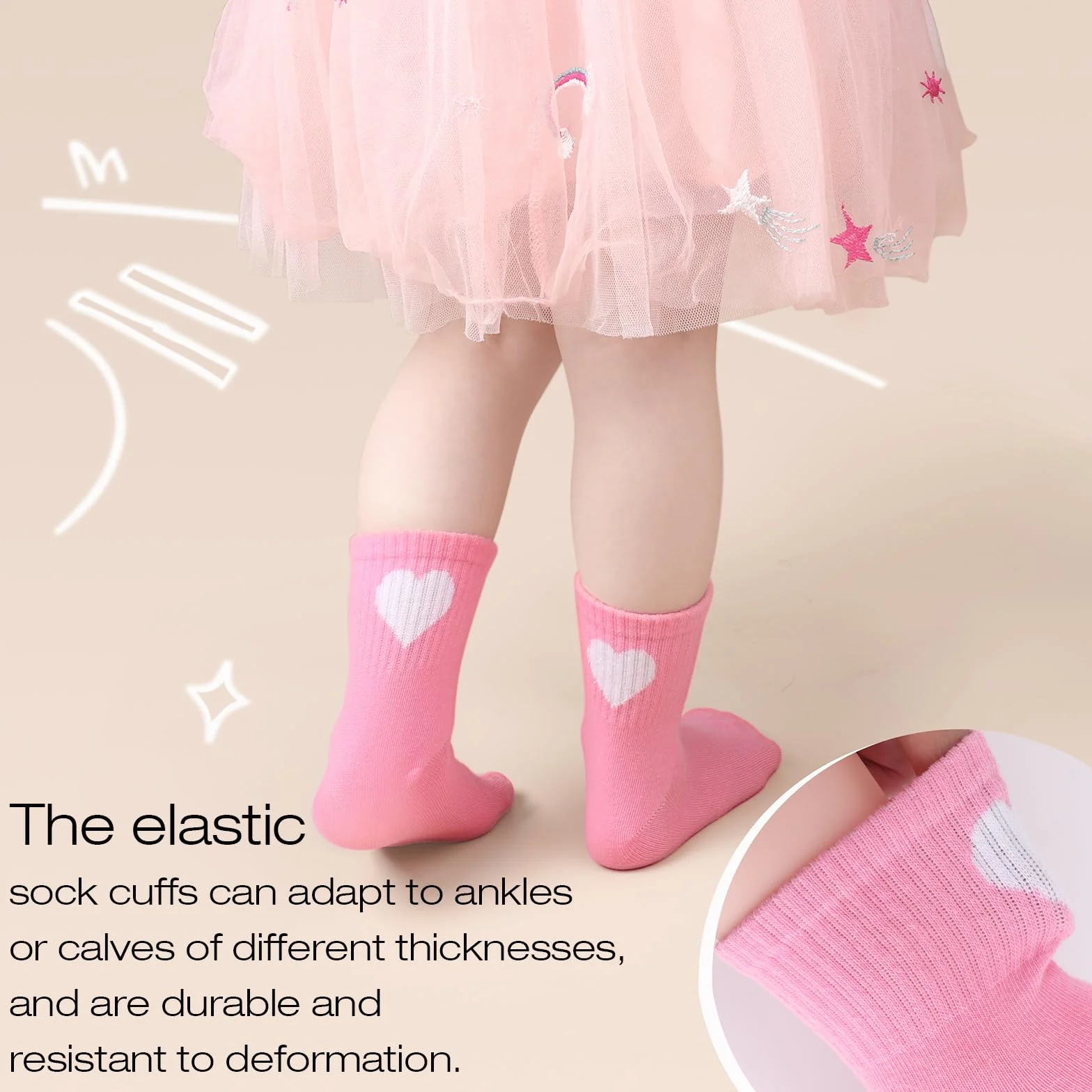 DRESHOW Chaussettes Enfant Fille Chaussettes de Sport Fille Avec Cœurs Rayés 4 Paires Pour Enfants 4-10 Ans