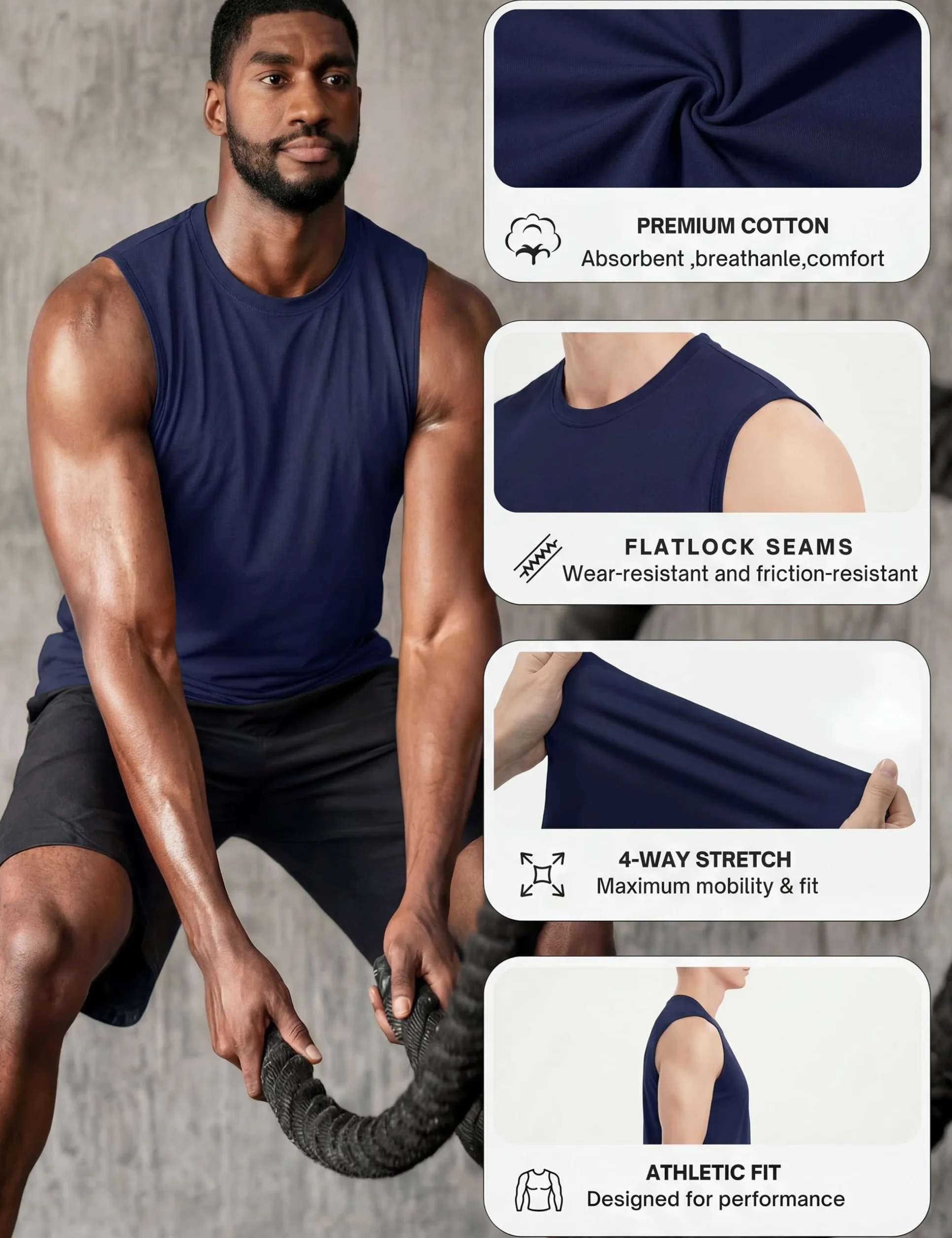 TACVASEN Debardeur Homme Sport Coton sans Manches Débardeur de Fitness Homme Musculation T Shirt Technique Respirant