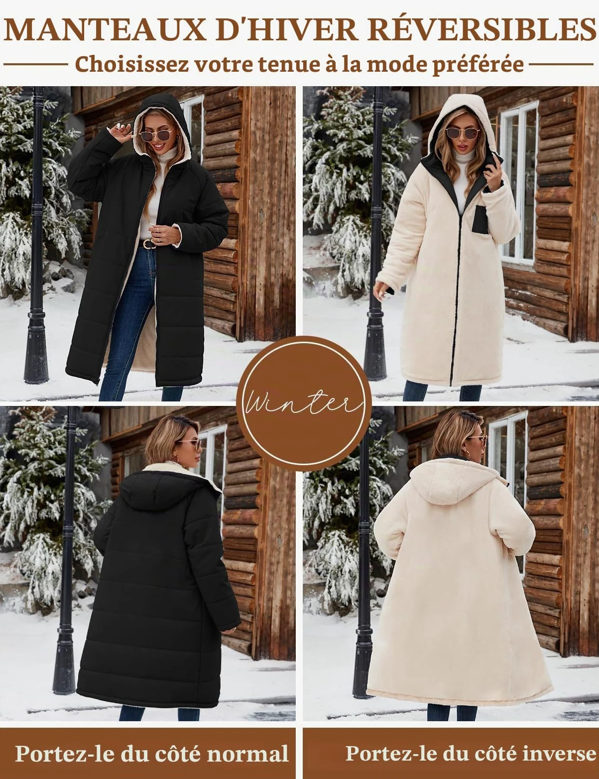 Vancavoo Manteau Hiver Femme Long Polaire Parka Veste Matelassée Chaude | Réversible Parka avec Déperlante, Capuche Fixe, Zip Intégral et Poches Latérales
