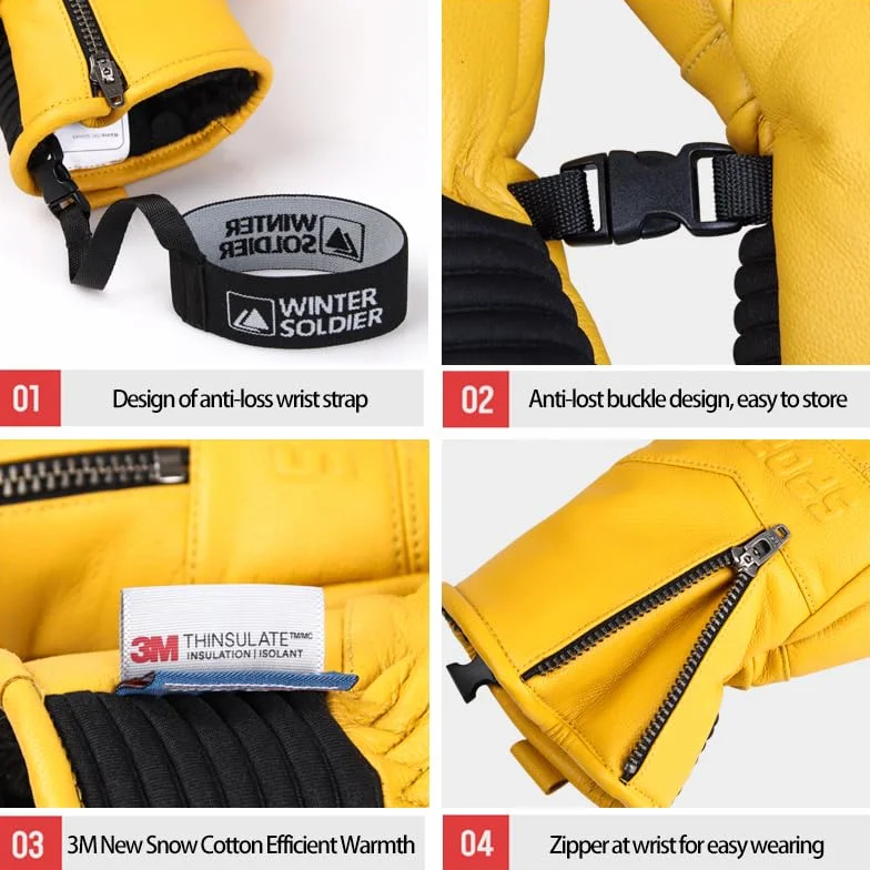 Moufles d'hiver en cuir de chèvre imperméables pour snowboard Hommes Femmes