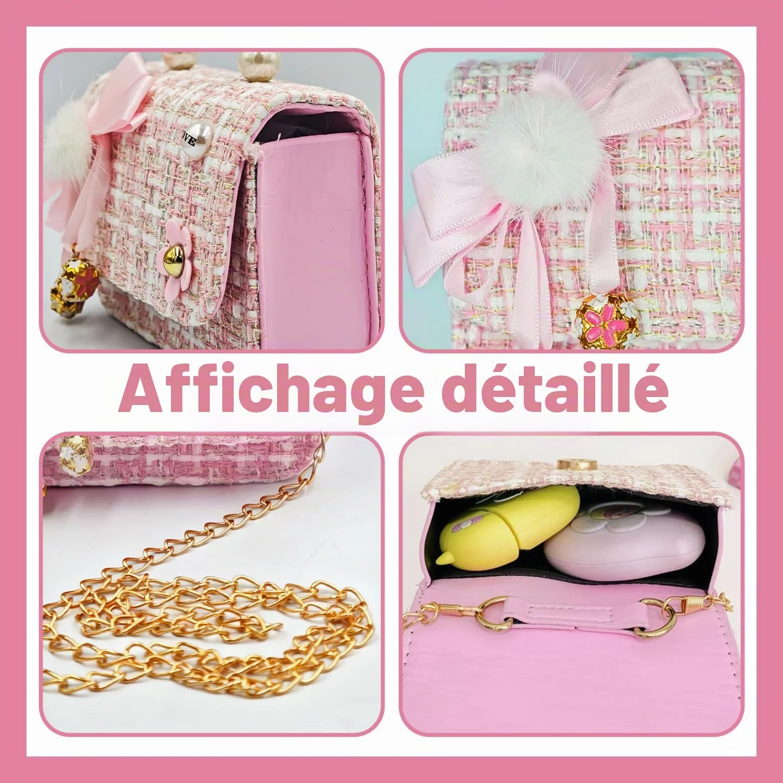 Sac a Main Petite Fille,Sac à Bandoulière pour Fille avec Nœud Décoratif | Mini Sac à Main avec Poignée Perles | Idée Cadeau Anniversaire pour Enfant 2-7 Ans