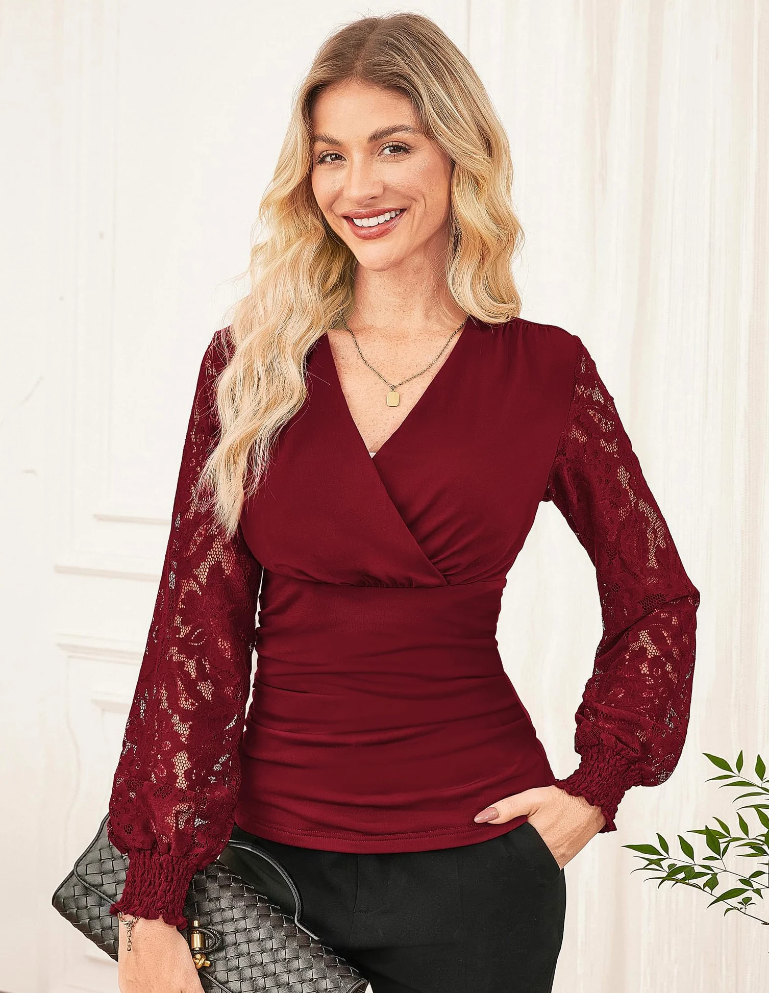 GRACE KARIN Femme Haut en Dentelle Manches Longues Festif Col V Plissé Cache-Belly Blouse Portefeuille