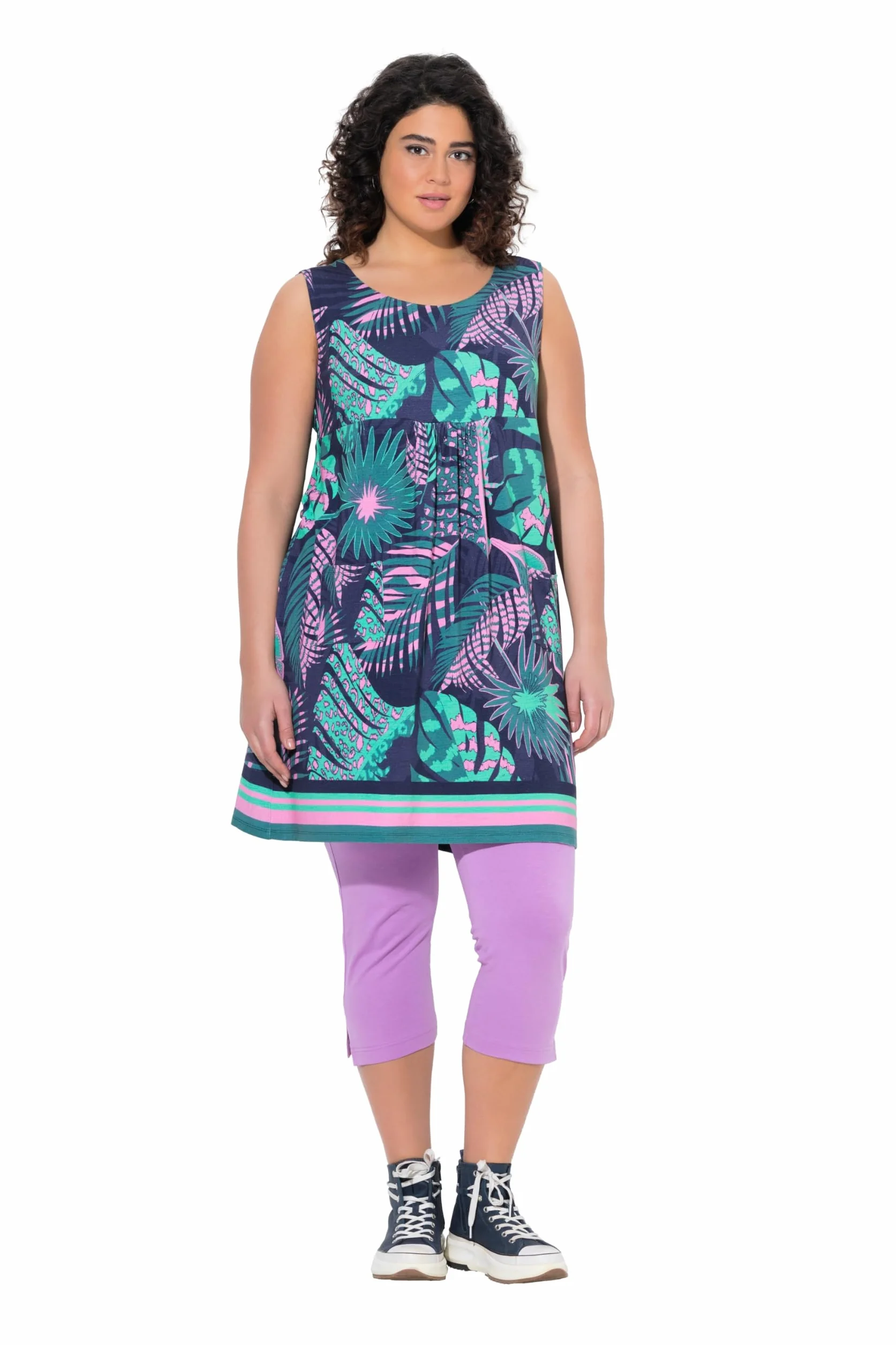Ulla Popken Femme Grandes Tailles Robe en Jersey imprimé, sans Manches, Coupe évasée et col Rond 831685