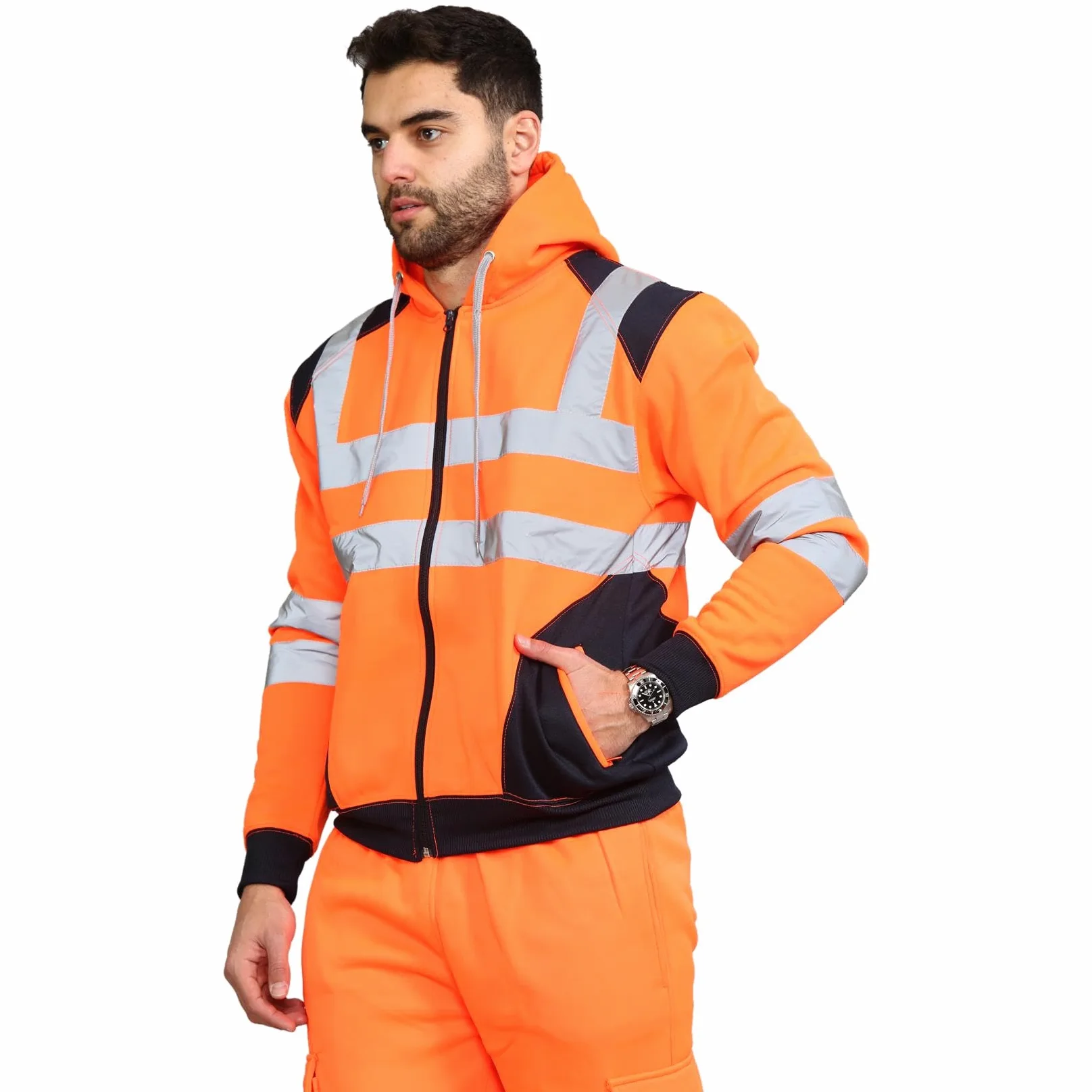 Homme Veste Haute Visibilité, Sweat Homme Capuche Zippé, Patch de Contraste Pull Over Sweat Polaire Homme Veste de Travail Homme Chantier