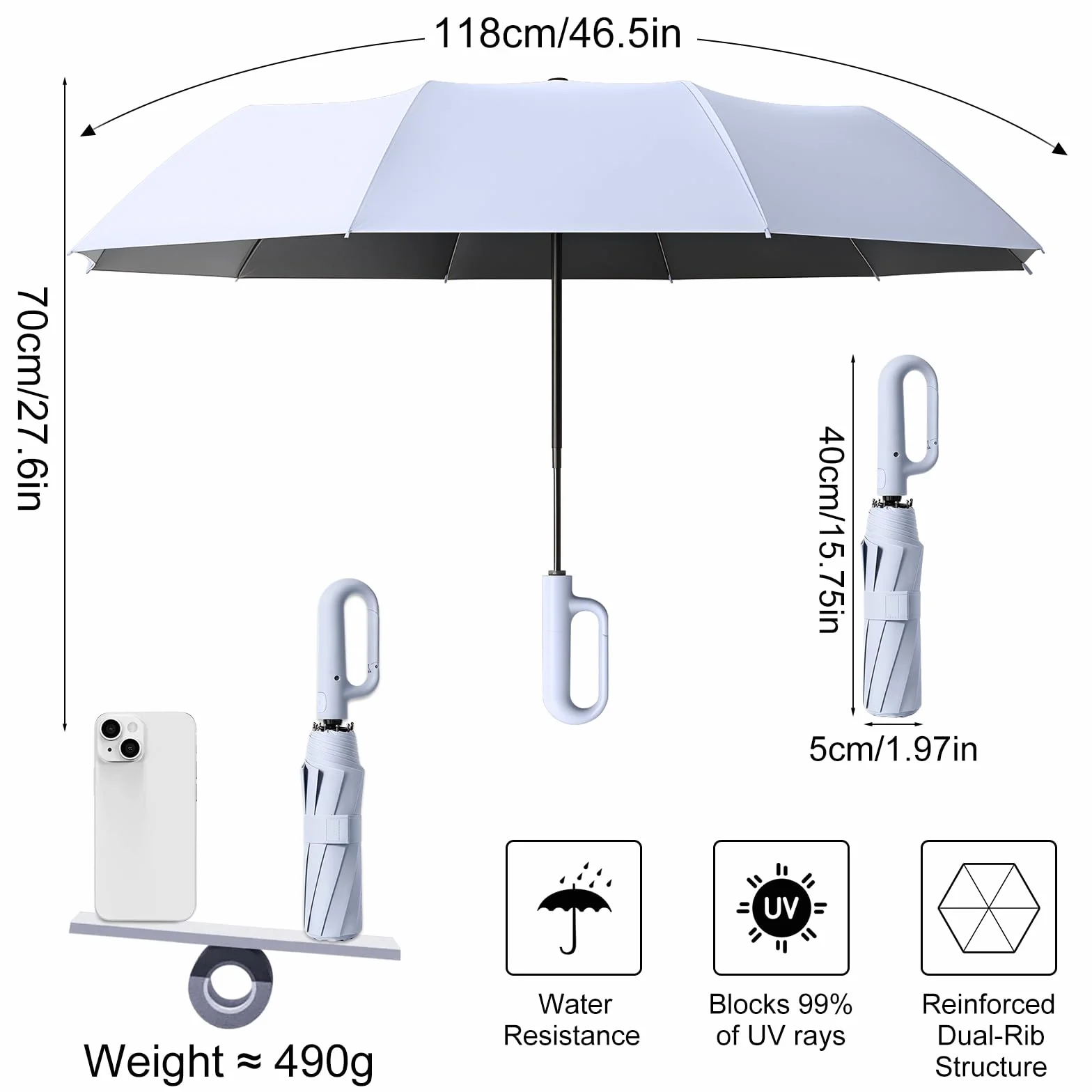 Parapluie Pliant Automatique Compact – Résistant au Vent et à la Tempête – Léger et Solide – Ouverture et Fermeture Faciles – Pour Voyage Homme/Femme