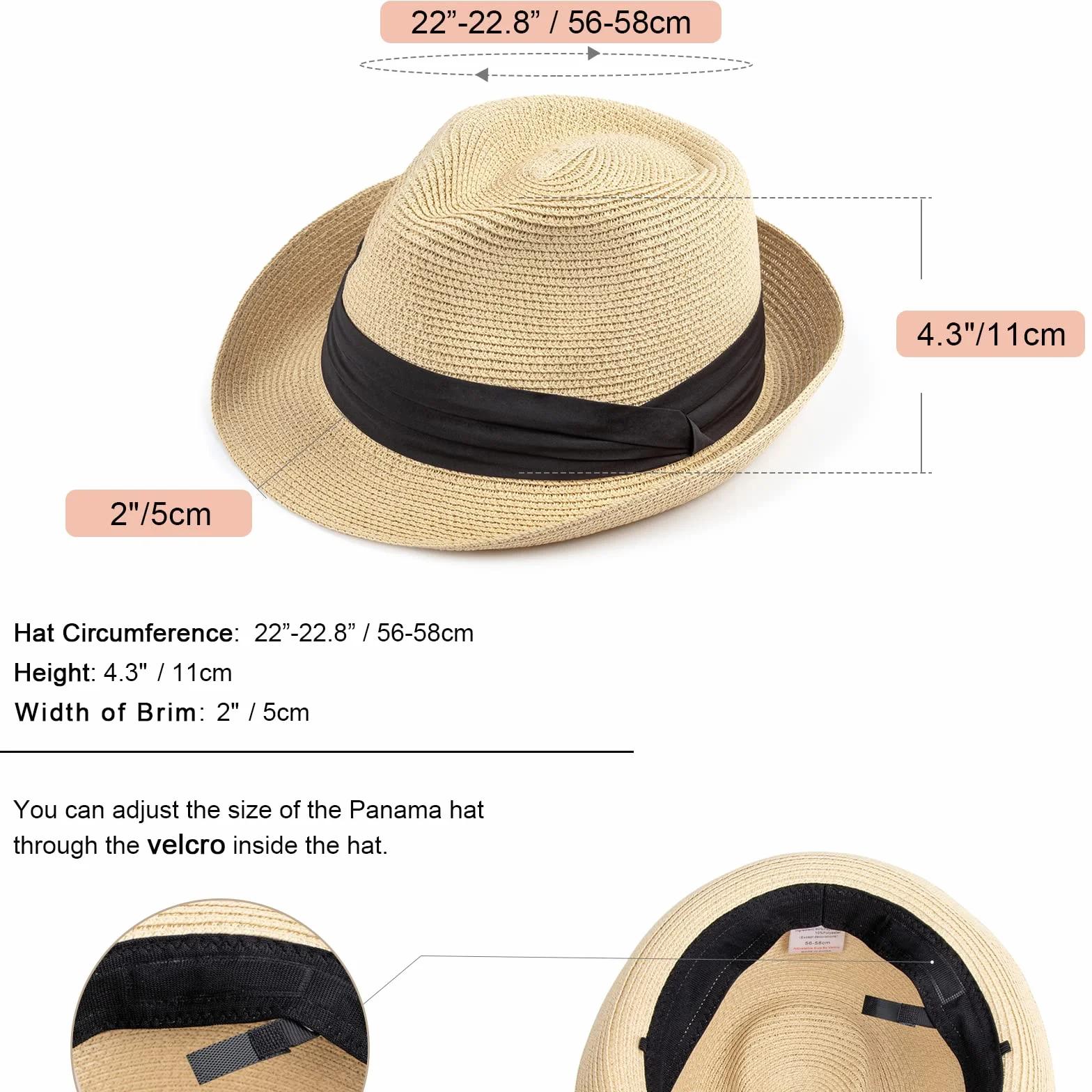 Chapeau de paille Panama Fedora UPF 50+ large bord été femme