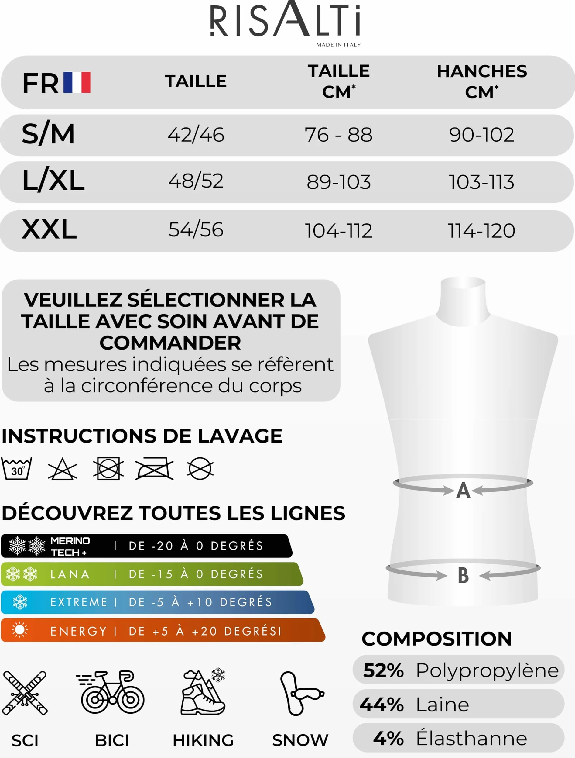 Risalti sous Vetement Thermique Homme Laine Merino Tech – Ensemble Thermique Homme Hiver avec Haut Et Collant en Laine Mérinos Premium et Dryarn, Seamless, Respirant, Thermorégulant – Made in Italy