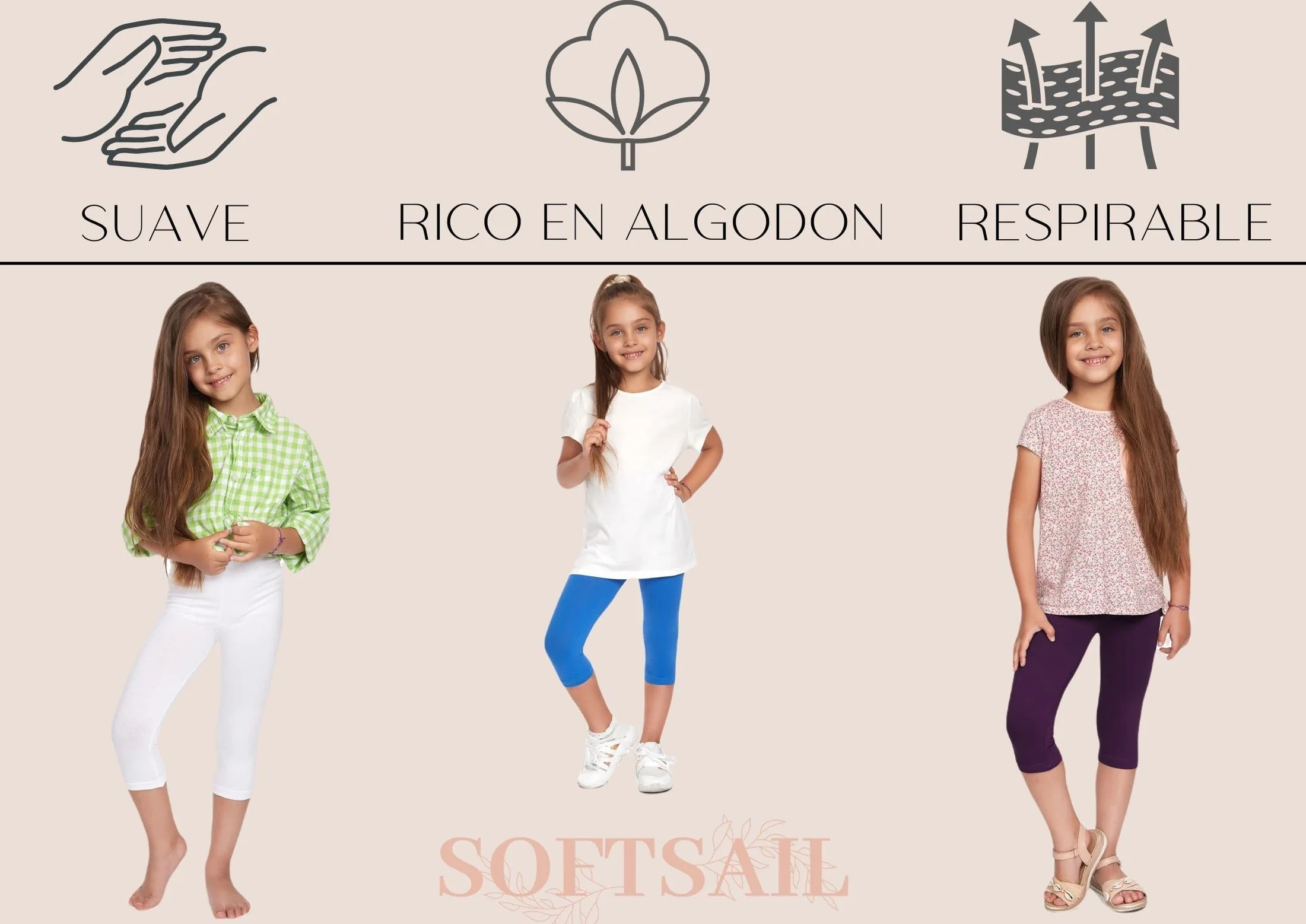 SOFTSAIL Leggings Filles Collants 3/4 Shorts Capri en Coton Sport Danse Gymnastique Respirants Confortables Extensibles