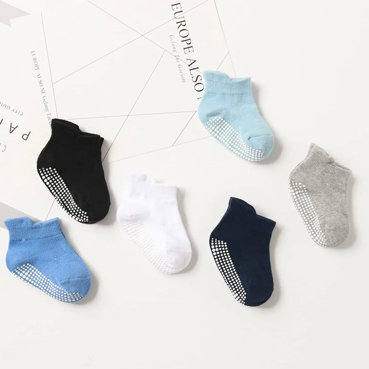 Chaussettes Bébé Enfant en Coton Anti-dérapant Lot de 6 Paires pour Garçons Filles