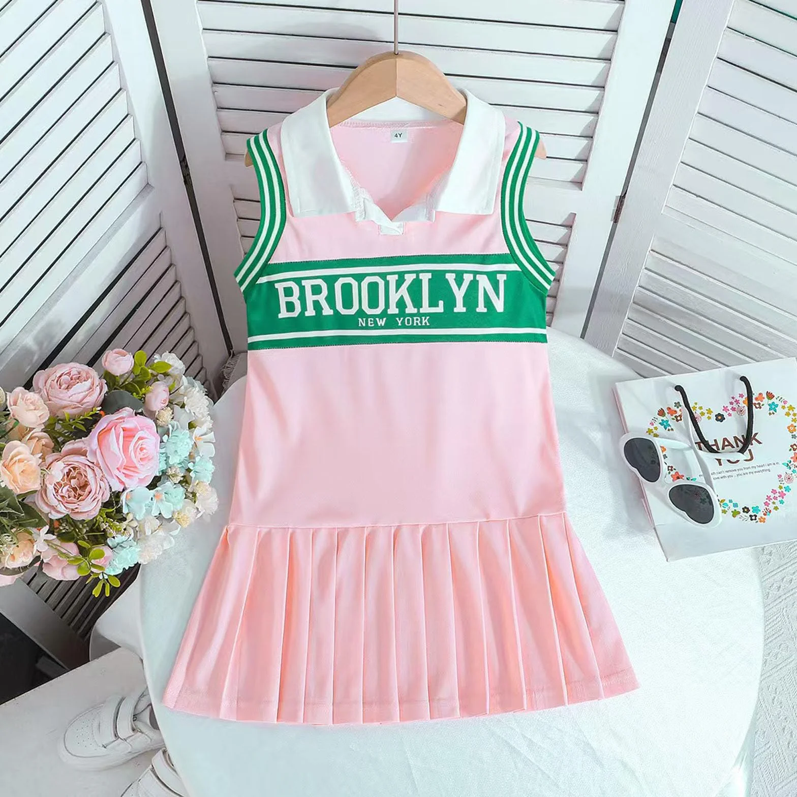 Robe de tennis sans manches fille polo jupe plissée col imprimé été décontractée vêtements enfants sport quotidien