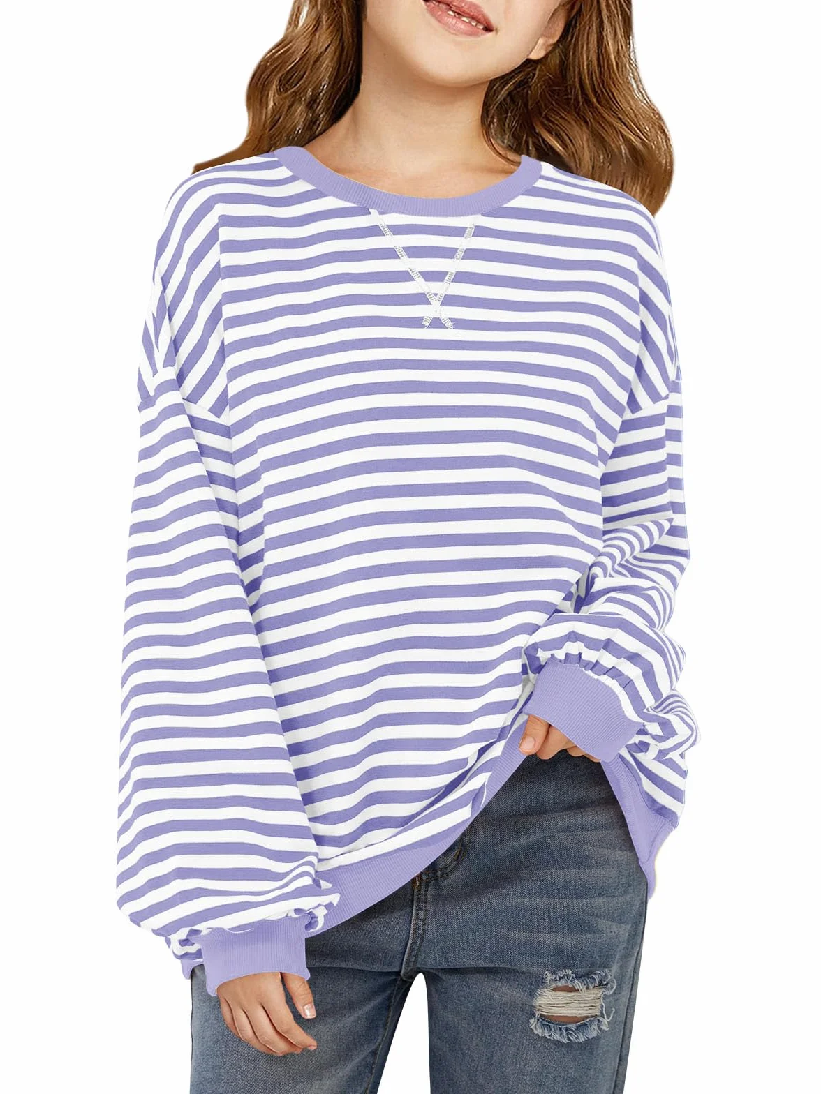 Haloumoning Sweat-shirt rayé à col rond pour filles - Manches longues - Pull surdimensionné tendance - Vêtements d'automne de 5 à 14 ans