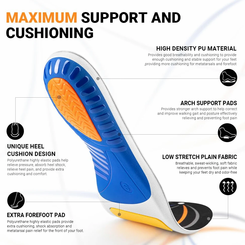 Valsole Semelles orthopédiques pour fasciite plantaire, soutien élevé de la voûte plantaire, semelles orthopédiques pour pieds plats, pour homme et femme, soutien robuste, bottes de travail, semelles