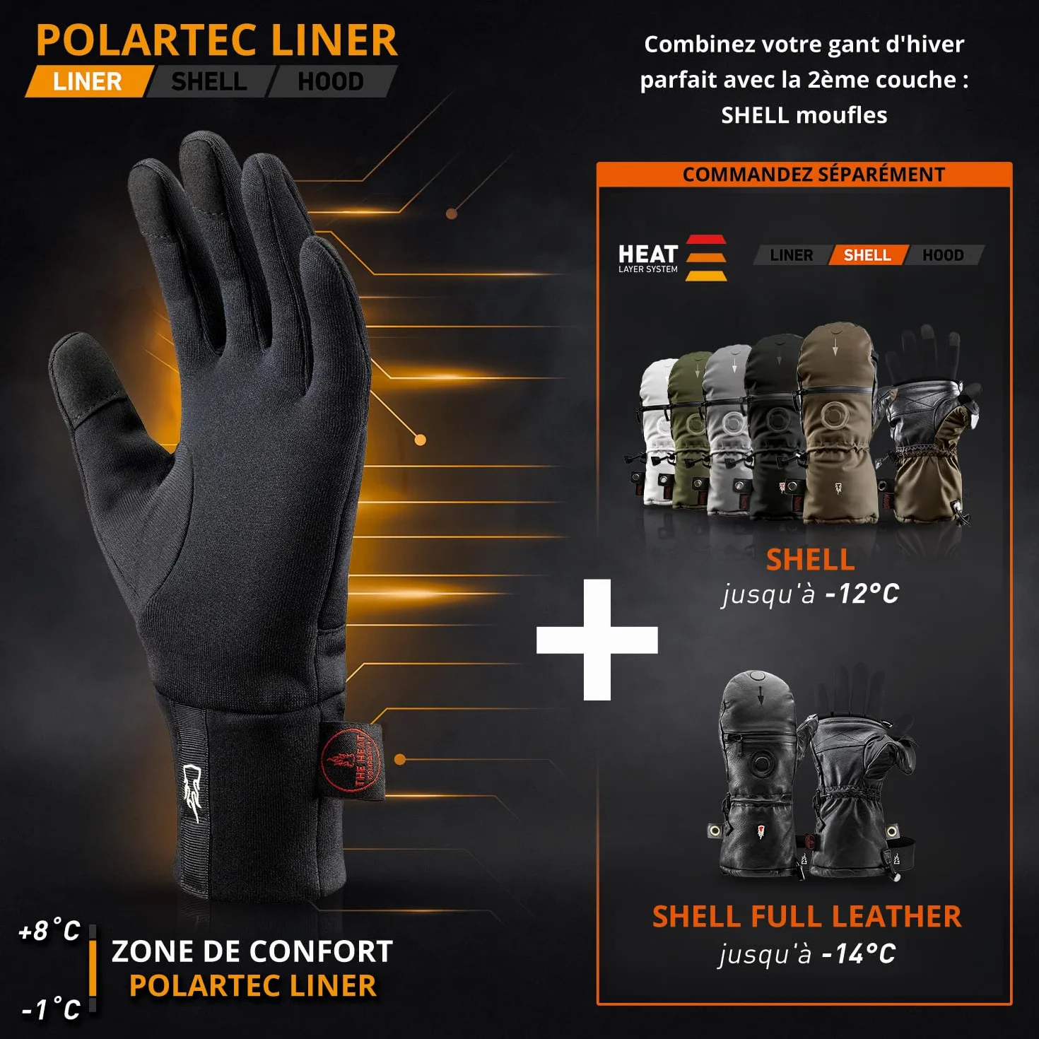 THE HEAT COMPANY Polartec Liner Gants Hiver Homme Femme Tactile Smartphone Gant Travail Sports Thermiques Chauds Contre Le Froid Noir