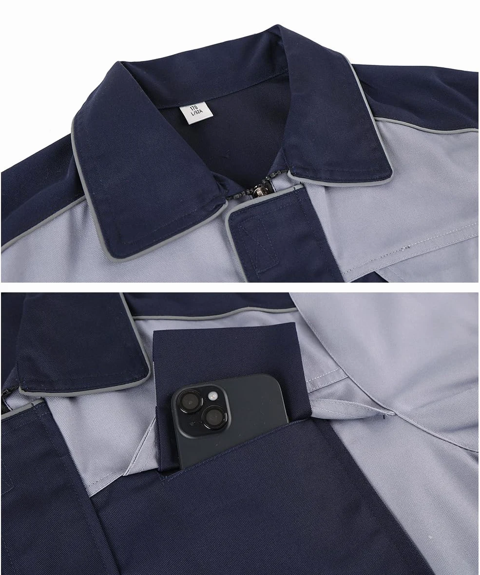 Homme Veste de Travail Multi Poches Blouson de Travail Manche Longues Bleu de Travail Vêtements de Travail Manteau de travail avec Fermeture éclair