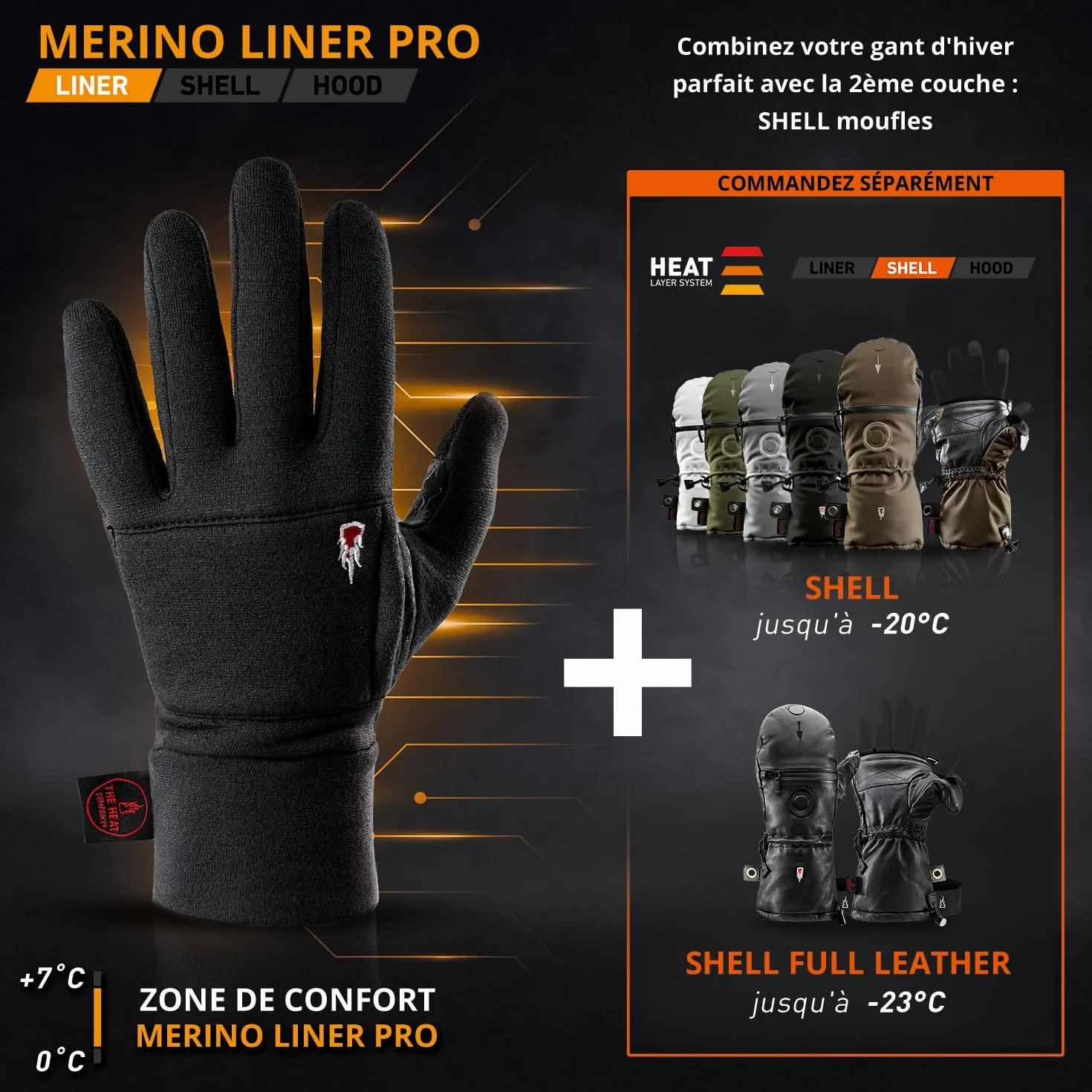 THE HEAT COMPANY MERINO LINER PRO Sous gants mérinos Gants tactiles de laine mérinos Noir