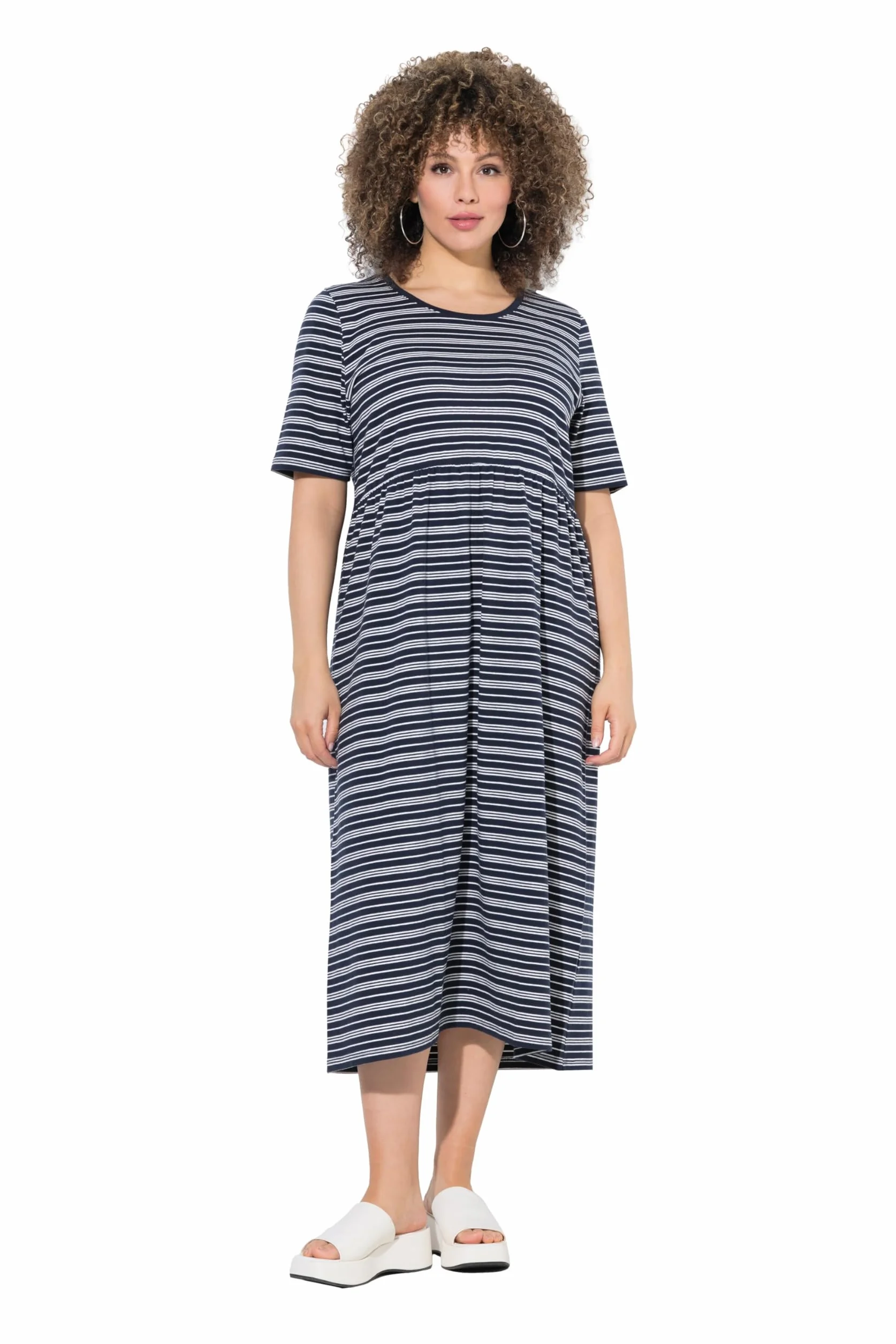 Ulla Popken Femme Grandes Tailles Robe midi à Rayures, décolleté en V et Manches Courtes, Coupe évasée 841136