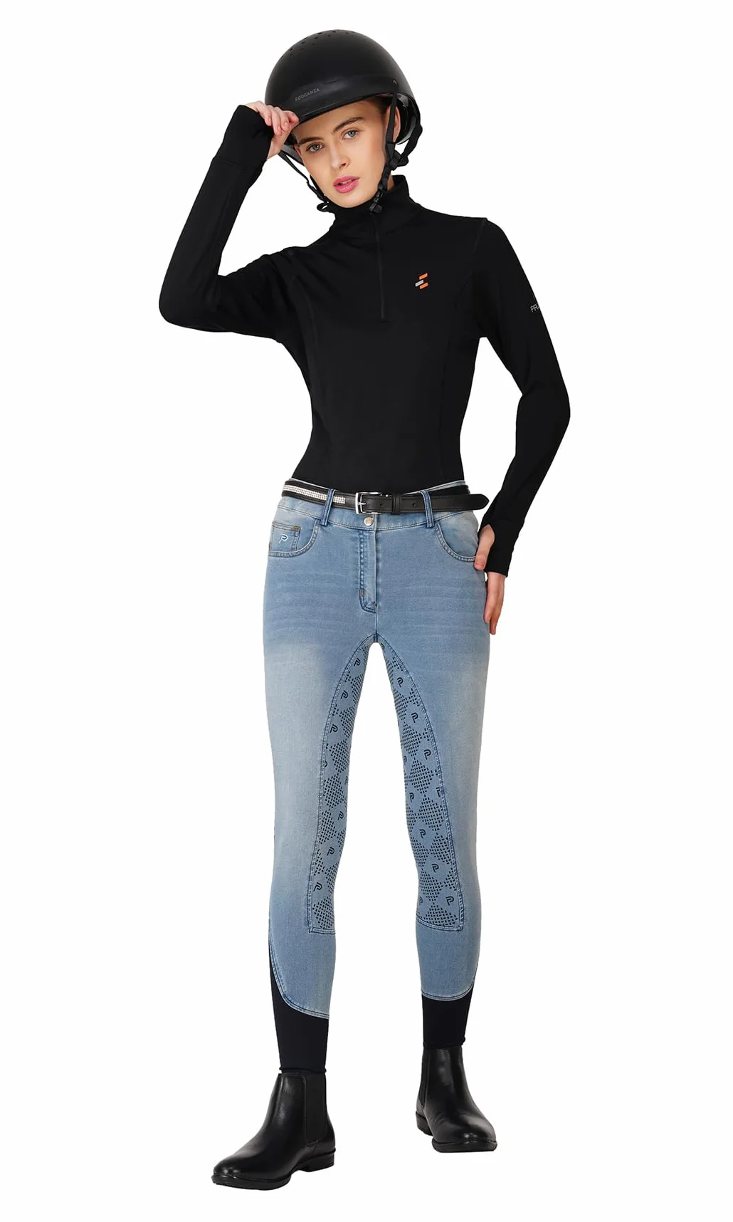 Preto Pantalon d'équitation en denim de qualité supérieure pour femme - Siège complet - Grip en silicone - Doux et extensible - Avec poches