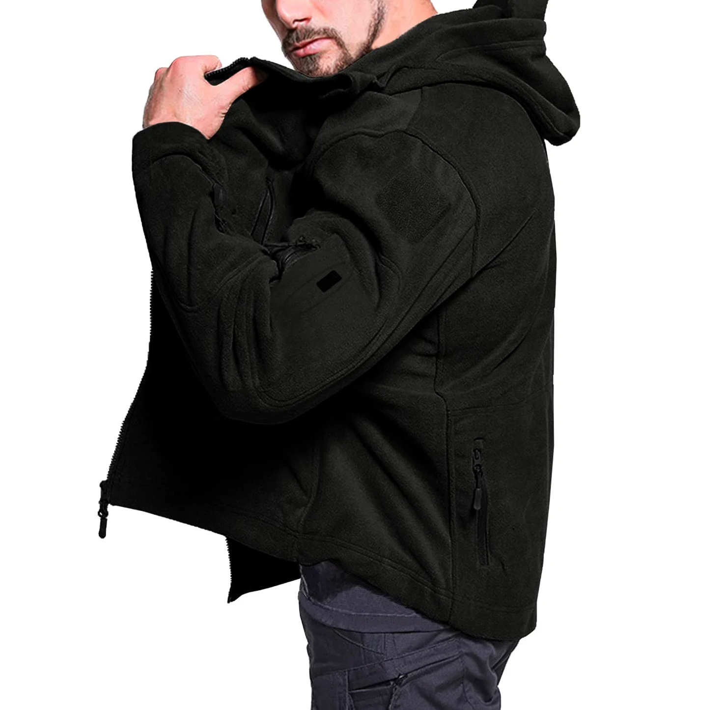 EKLENTSON Blousons Homme Veste Polaire à Capuche Zippée Coupe-Vent de Voyage Tactique Camping Randonnée Chasse Manteaux d'hiver avec Poches Zippées