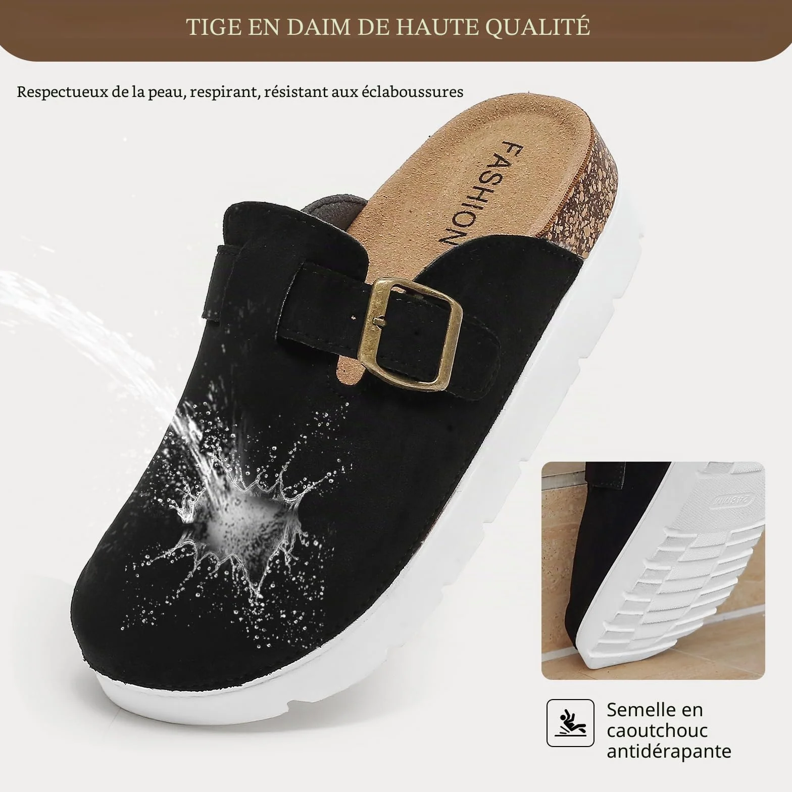 Plateforme Mules et Sabots Femme, Pantoufles Sabot Clogs Chaussons Cuir Liège Sandales- Antidérapants Semell