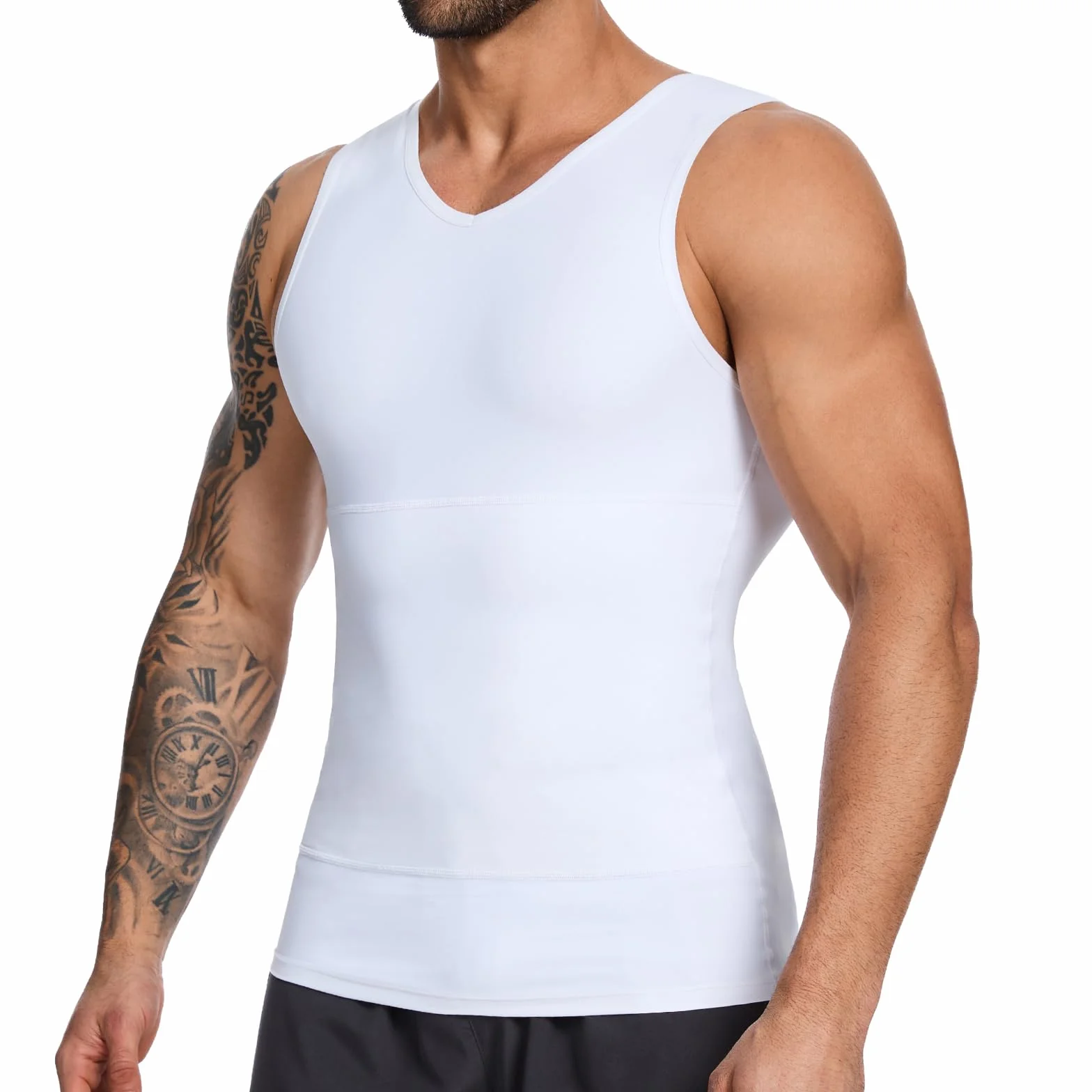SLIMBELLE Gilet de compression pour homme avec col en V élastique et amincissant - Contrôle du ventre - Couche de base - Haut de compression galbant pour homme