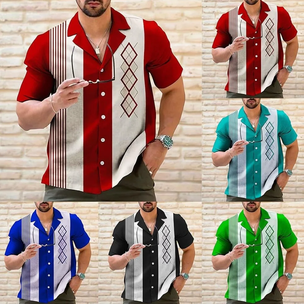 Chemise de bowling rétro à rayures pour homme, style décontracté, vintage, manches courtes, boutonnée (XL noir)
