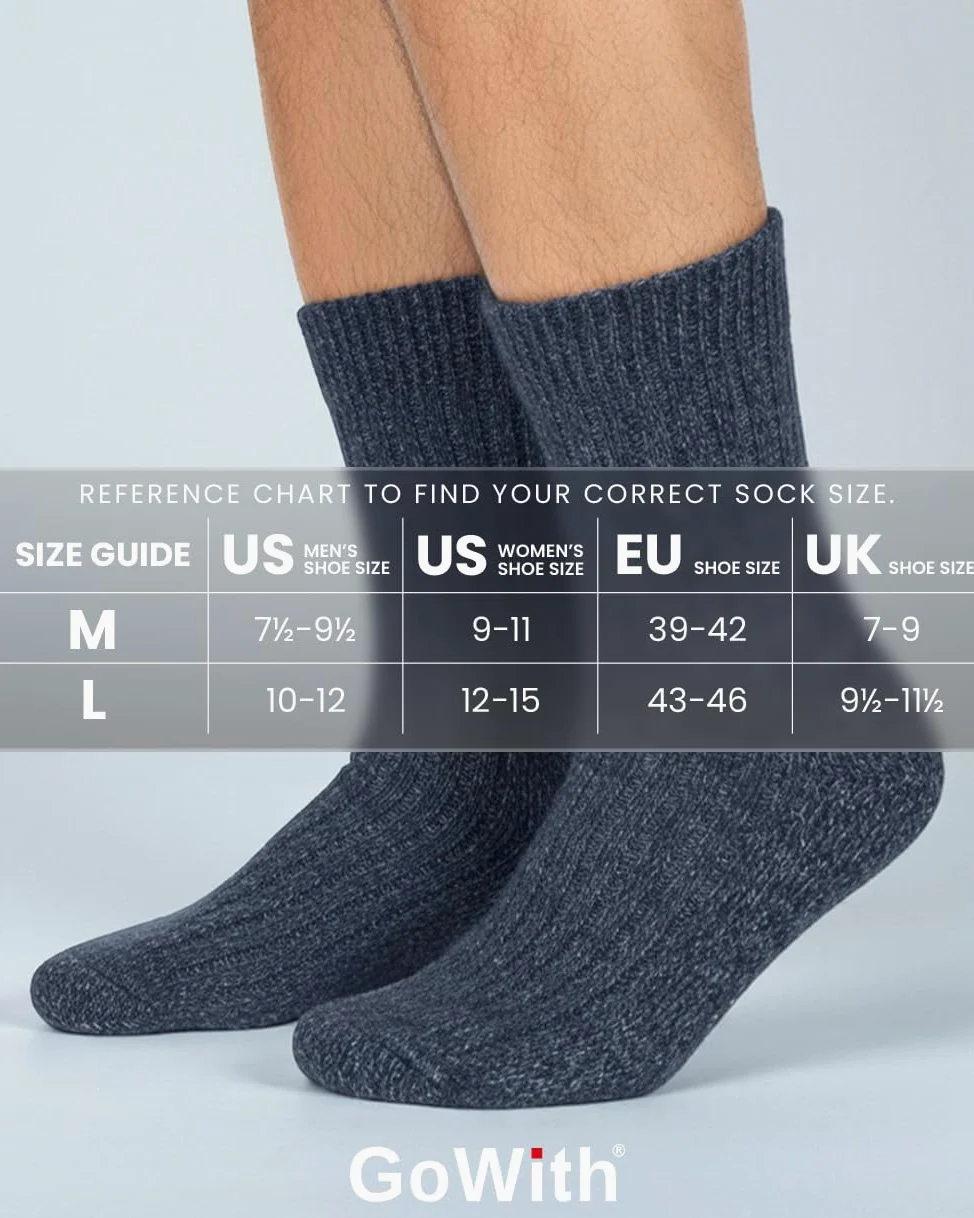 GoWith Lot de 3 paires de chaussettes épaisses en laine mérinos pour homme - Chaudes et confortables - Chaussettes thermiques en tricot éponge