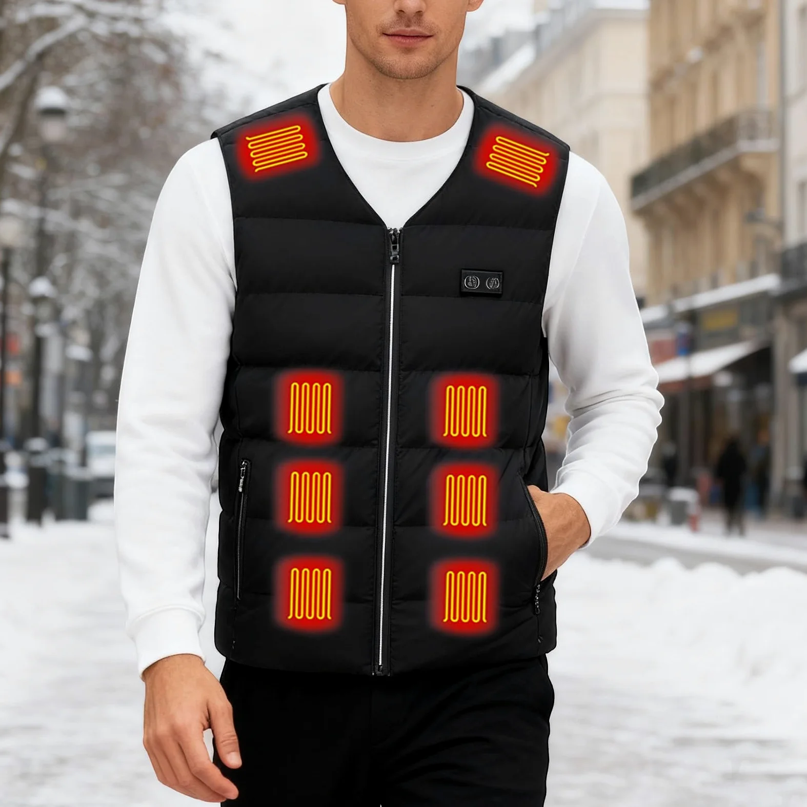 Gilet chauffant pour vêtements d'hiver chauds, sous-vêtement thermique avec batterie rechargeable pour activités extérieures par temps froid.