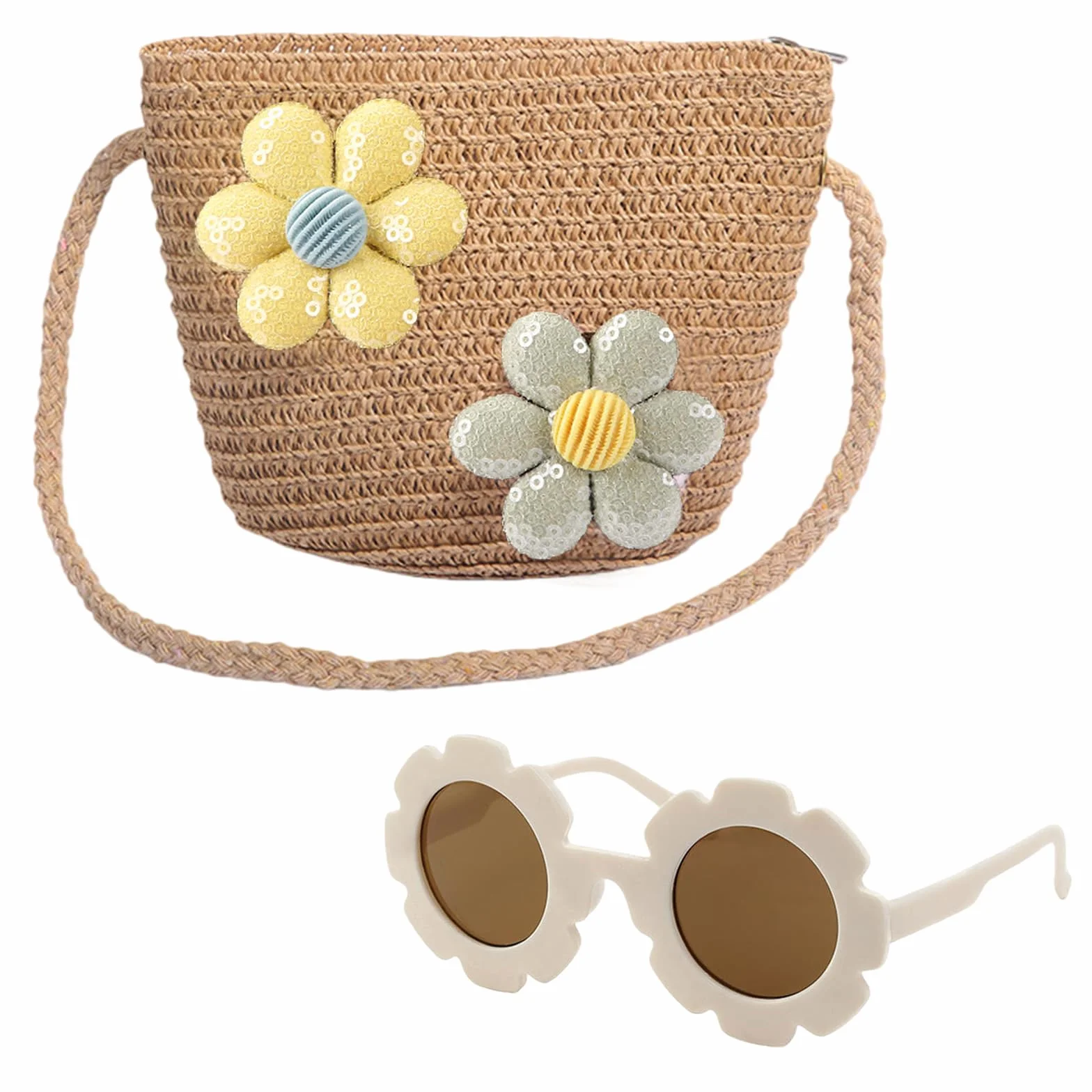 Ensemble sac à bandoulière pour filles – Joli sac à main avec lunettes de soleil à fleurs, sac à main tressé réglable pour enfant