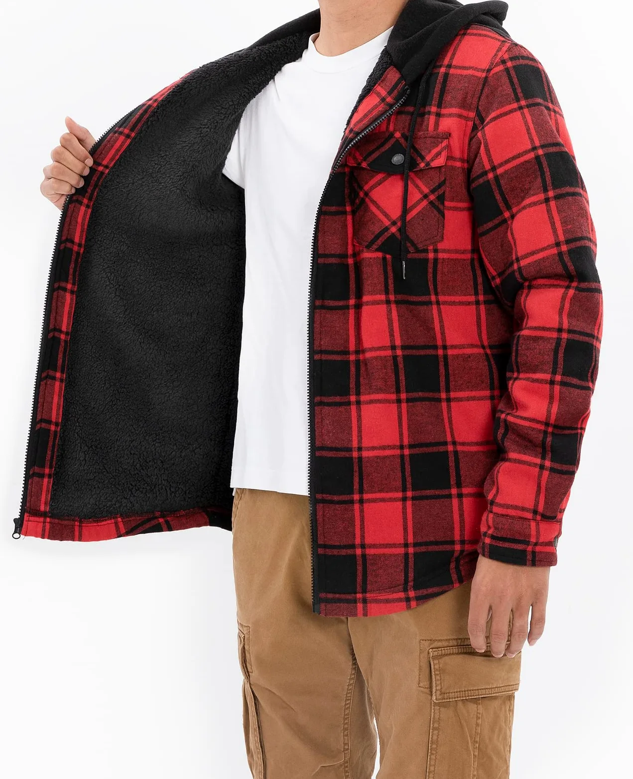 ZENTHACE Veste chemise à capuche doublée Sherpa avec fermeture éclair intégrale pour homme