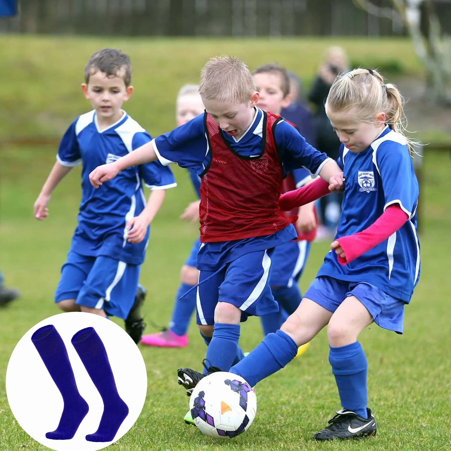 Lot de 3 paires de chaussettes de football respirantes pour enfants de 5 à 12 ans - Bleu, bleu, 5-12 Years