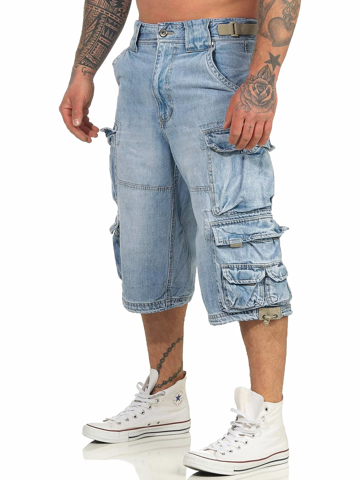 Jet Lag Short cargo en denim pour homme modèle 007 B en bleu marine clair ou en denim Bleached