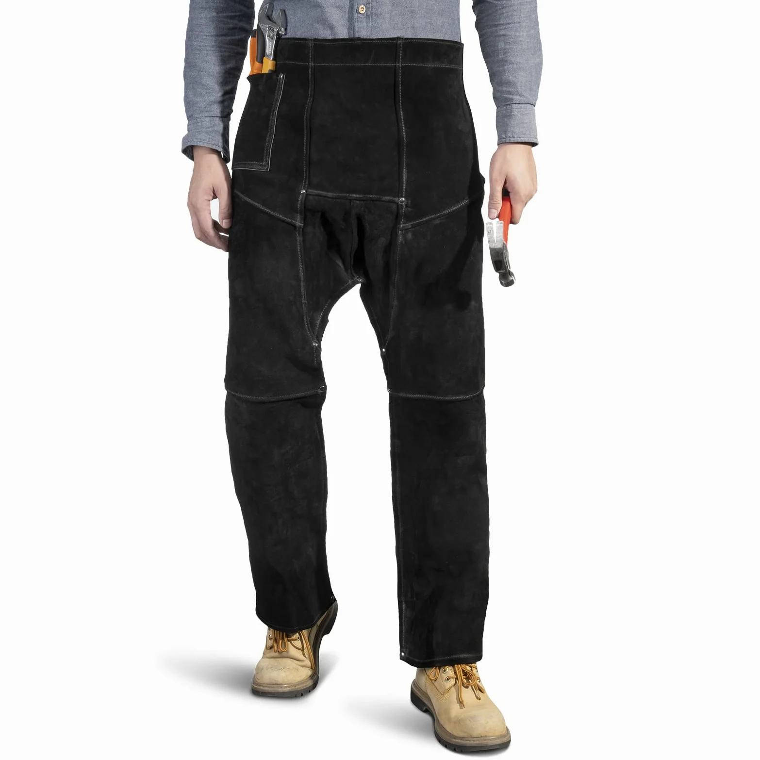 LeaSeek Pantalon de soudage en Cuir,Tablier Soudeur Résistant à la Chaleur | Ignifuge, Jambes fendues, Réglable taille, 1 Poche, Pour homme et femme