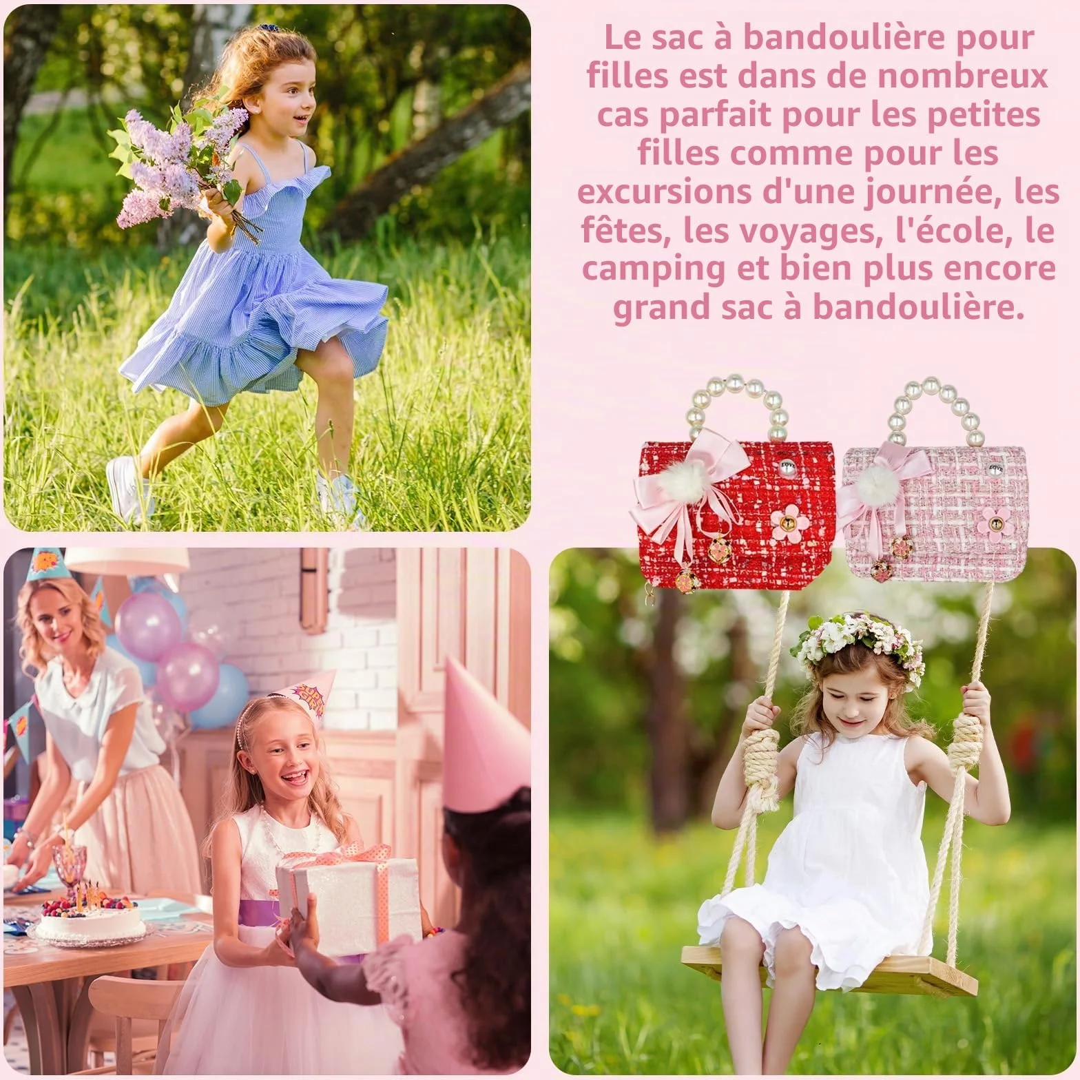 Sac a Main Petite Fille,Sac à Bandoulière pour Fille avec Nœud Décoratif | Mini Sac à Main avec Poignée Perles | Idée Cadeau Anniversaire pour Enfant 2-7 Ans