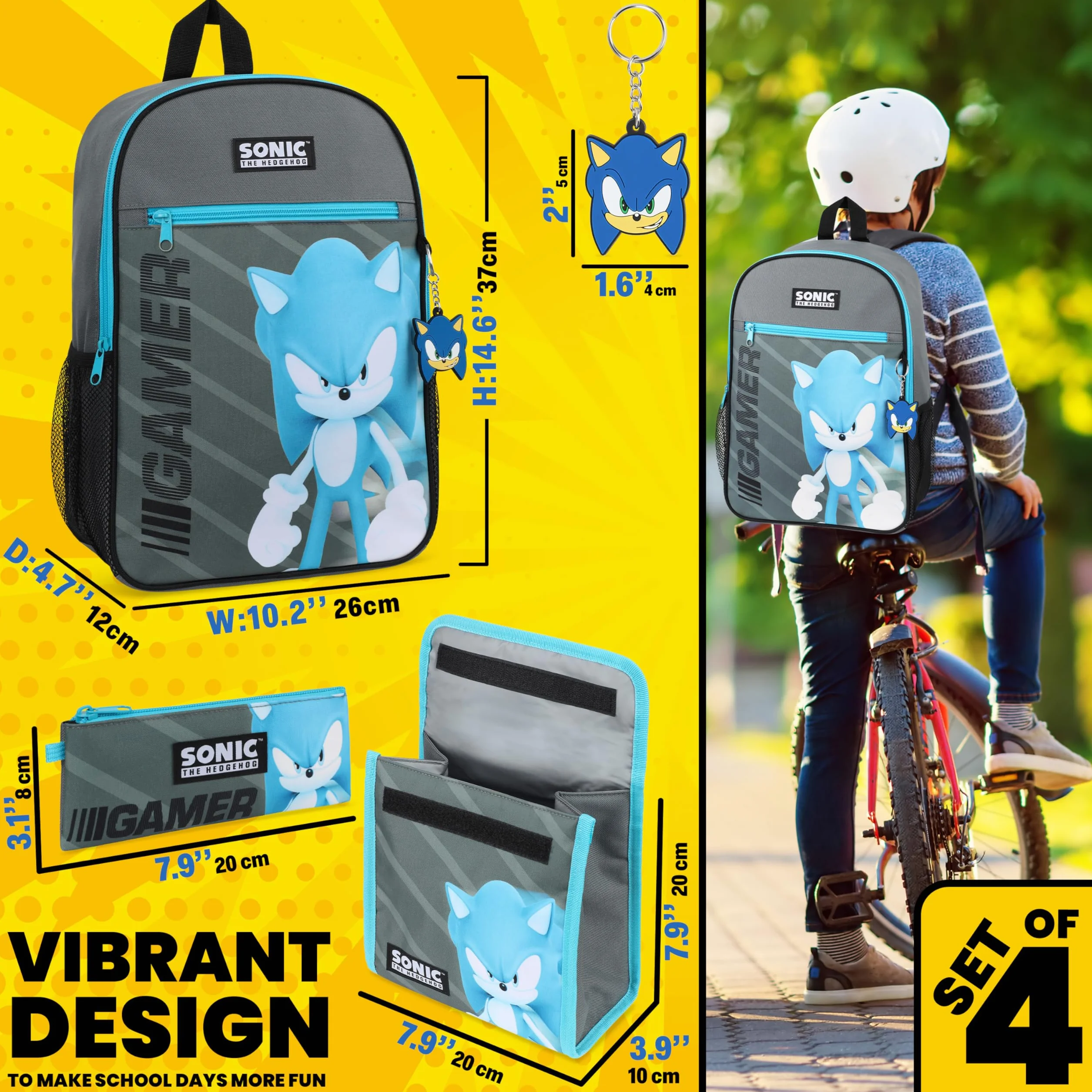 Sonic The Hedgehog Sac à Dos Enfant, Cartable Garcon Primaire CP Sac à Dos 37 cm avec Accessoires Lunch Box Enfant, Trousse, Porte Clef, Idée Cadeau Rentrée Scolaire Ensemble 4 Pièces