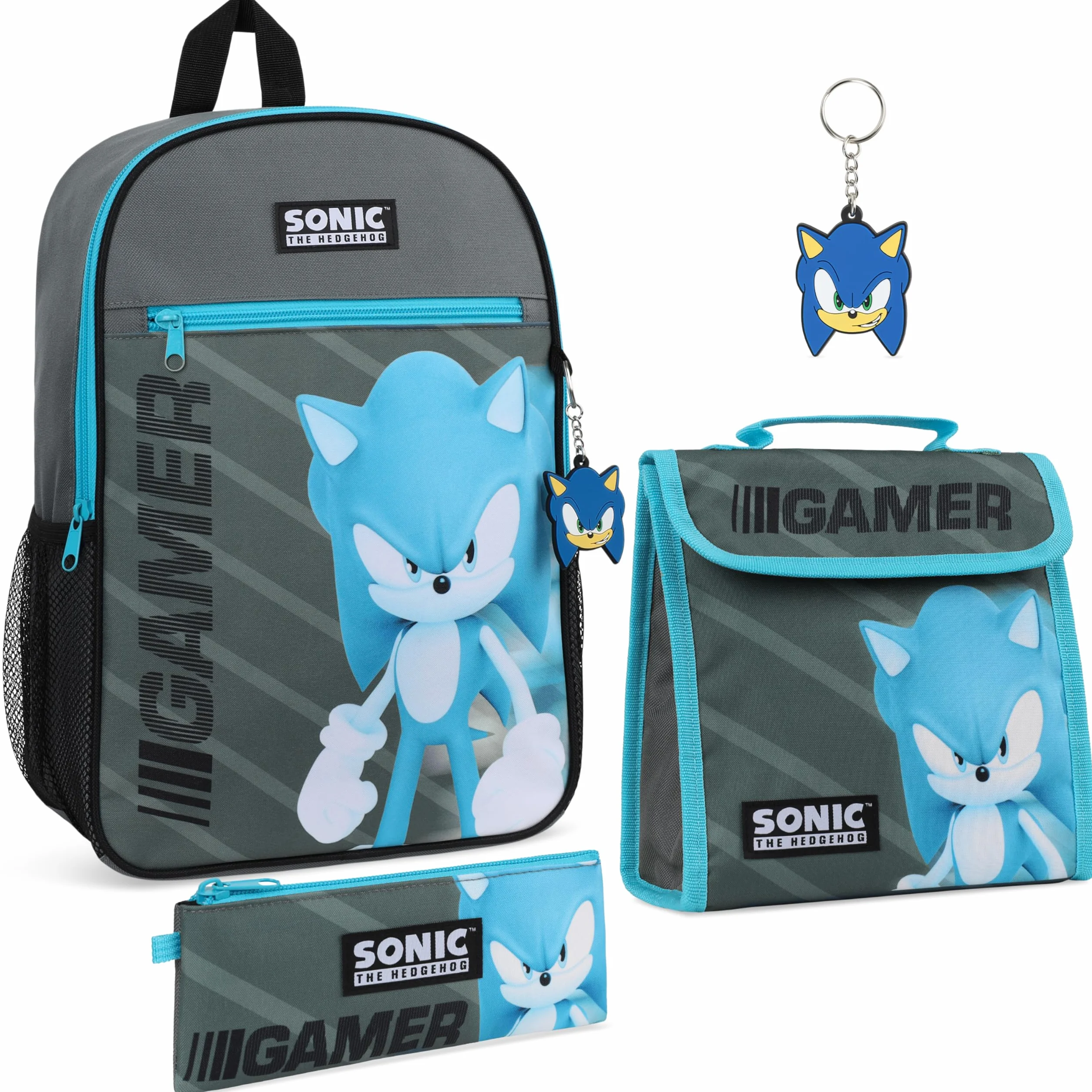 Sonic The Hedgehog Sac à Dos Enfant, Cartable Garcon Primaire CP Sac à Dos 37 cm avec Accessoires Lunch Box Enfant, Trousse, Porte Clef, Idée Cadeau Rentrée Scolaire Ensemble 4 Pièces